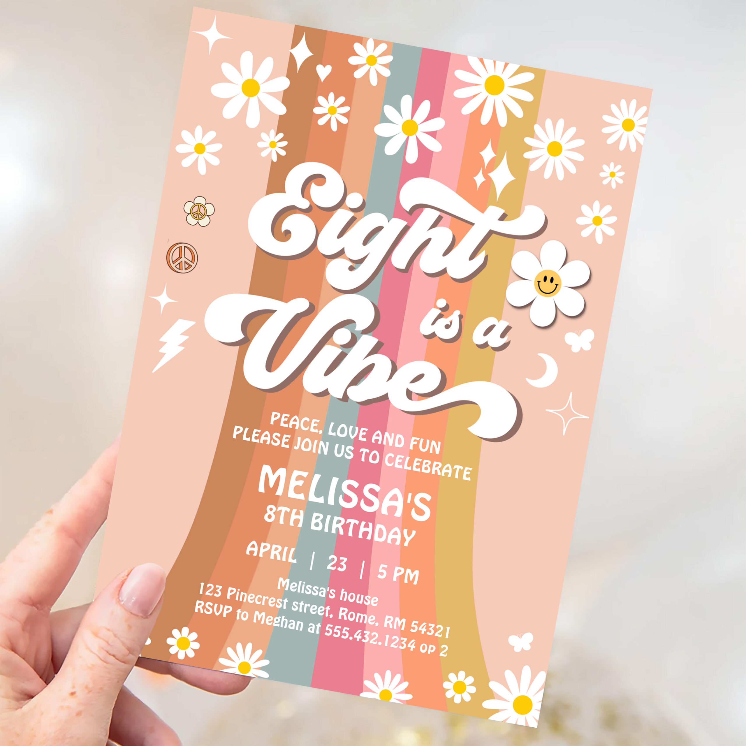 Eight Is A Vibe Groovy Retro Hippie 8th Birthday Invitation - Image 3