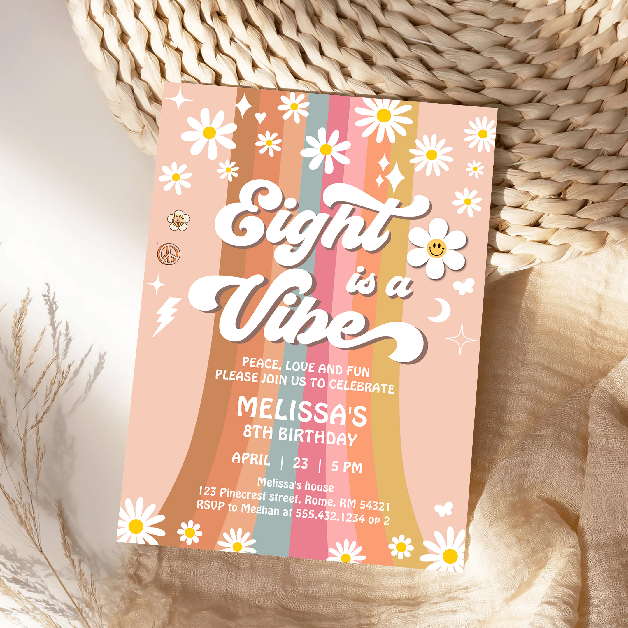 Eight Is A Vibe Groovy Retro Hippie 8th Birthday Invitation - Image 4