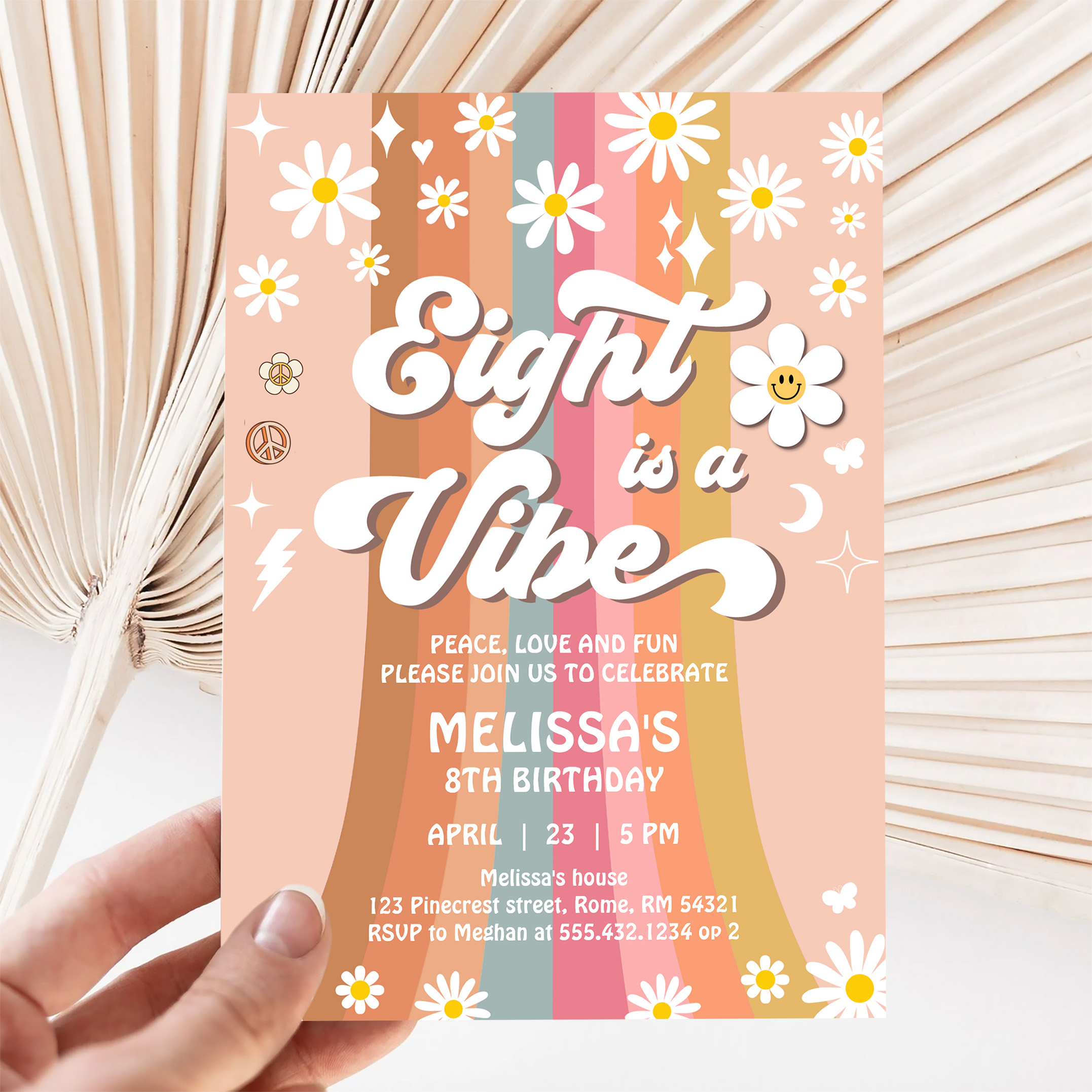 Eight Is A Vibe Groovy Retro Hippie 8th Birthday Invitation - Image 5