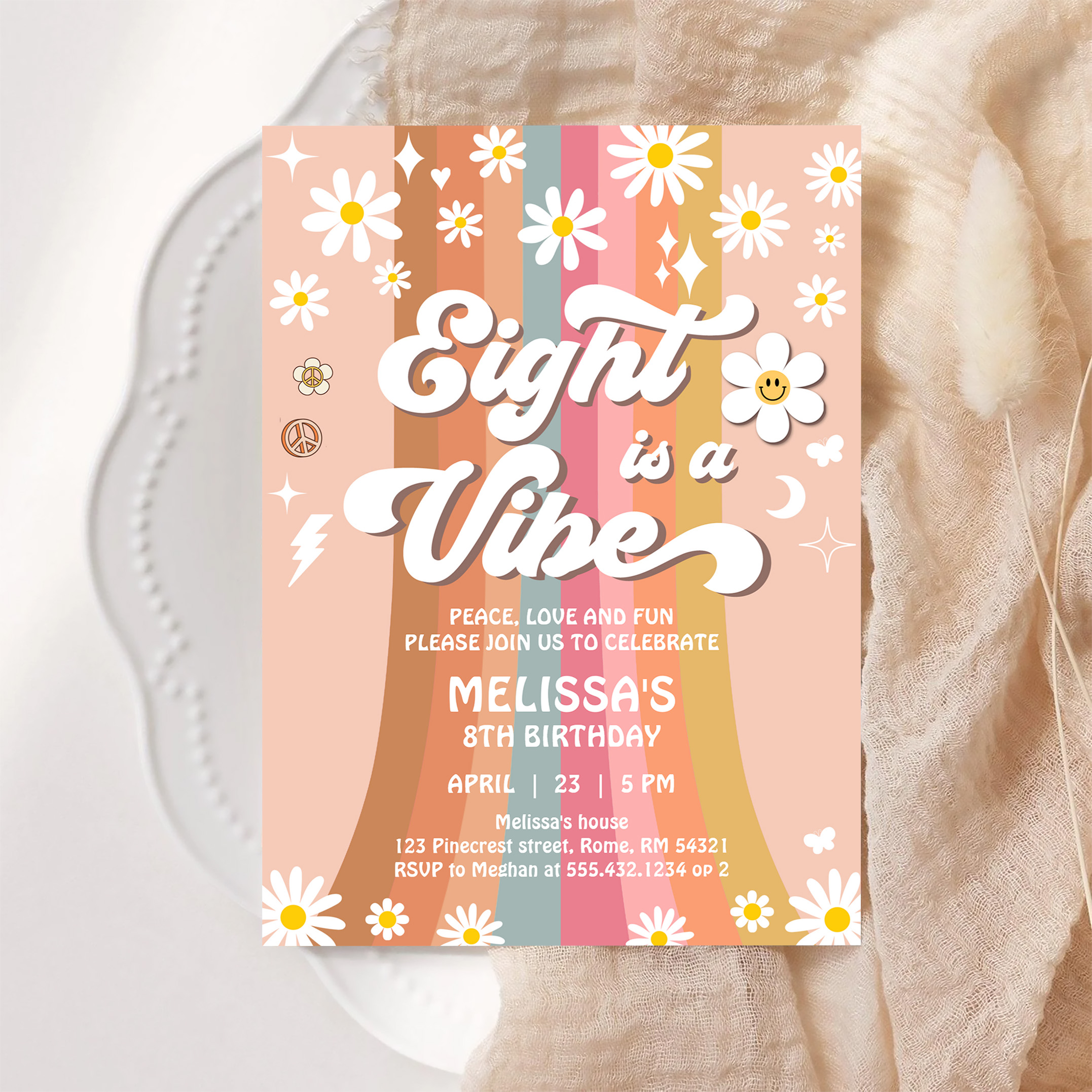 Eight Is A Vibe Groovy Retro Hippie 8th Birthday Invitation - Image 6