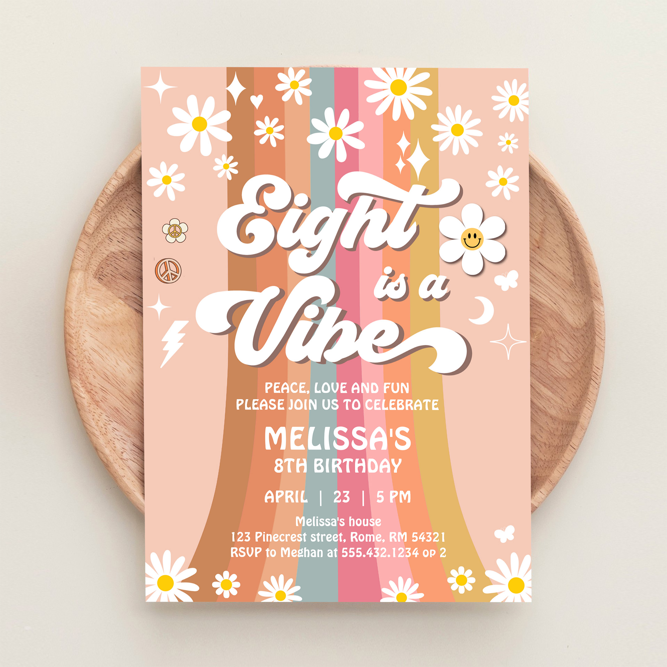 Eight Is A Vibe Groovy Retro Hippie 8th Birthday Invitation - Image 7
