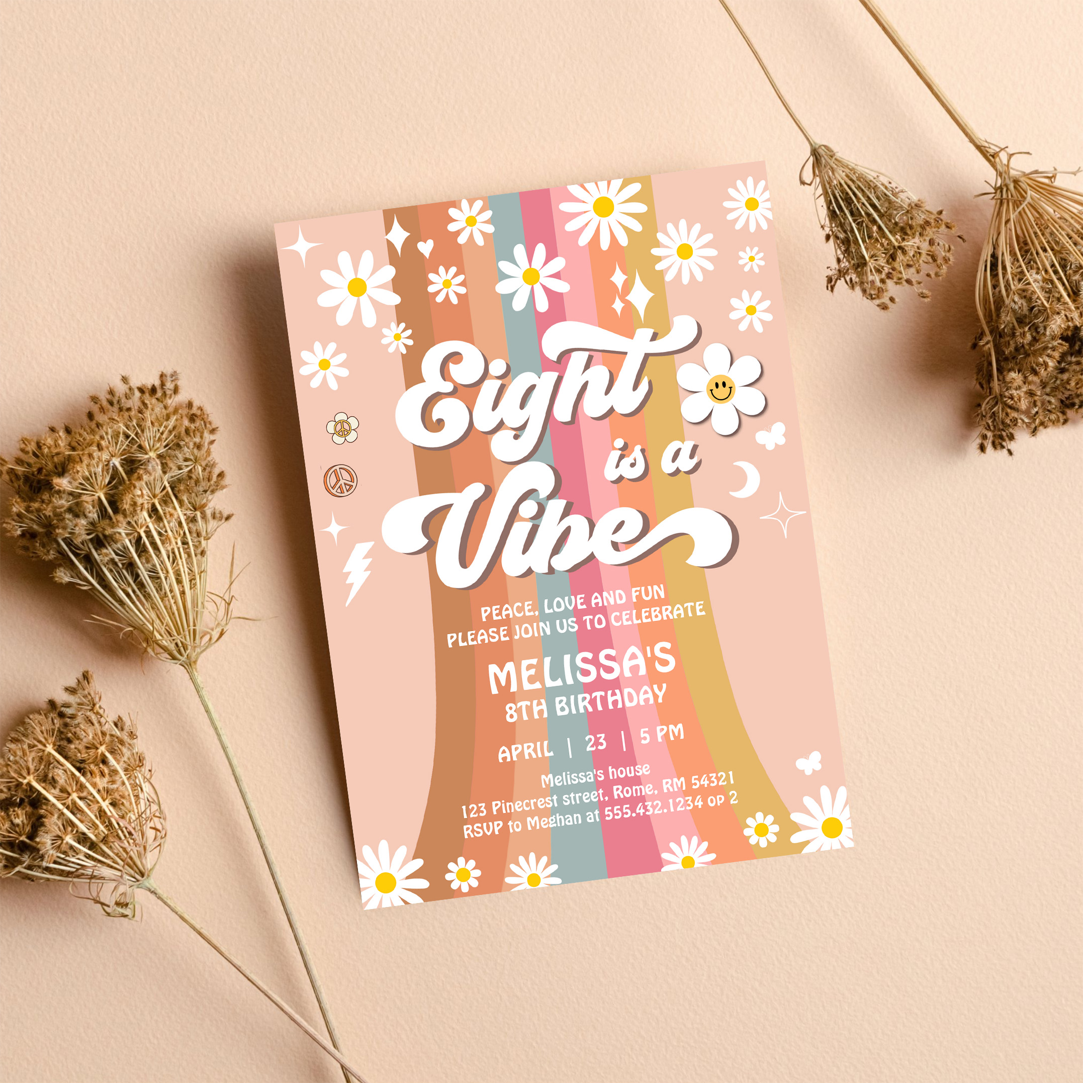 Eight Is A Vibe Groovy Retro Hippie 8th Birthday Invitation - Image 8