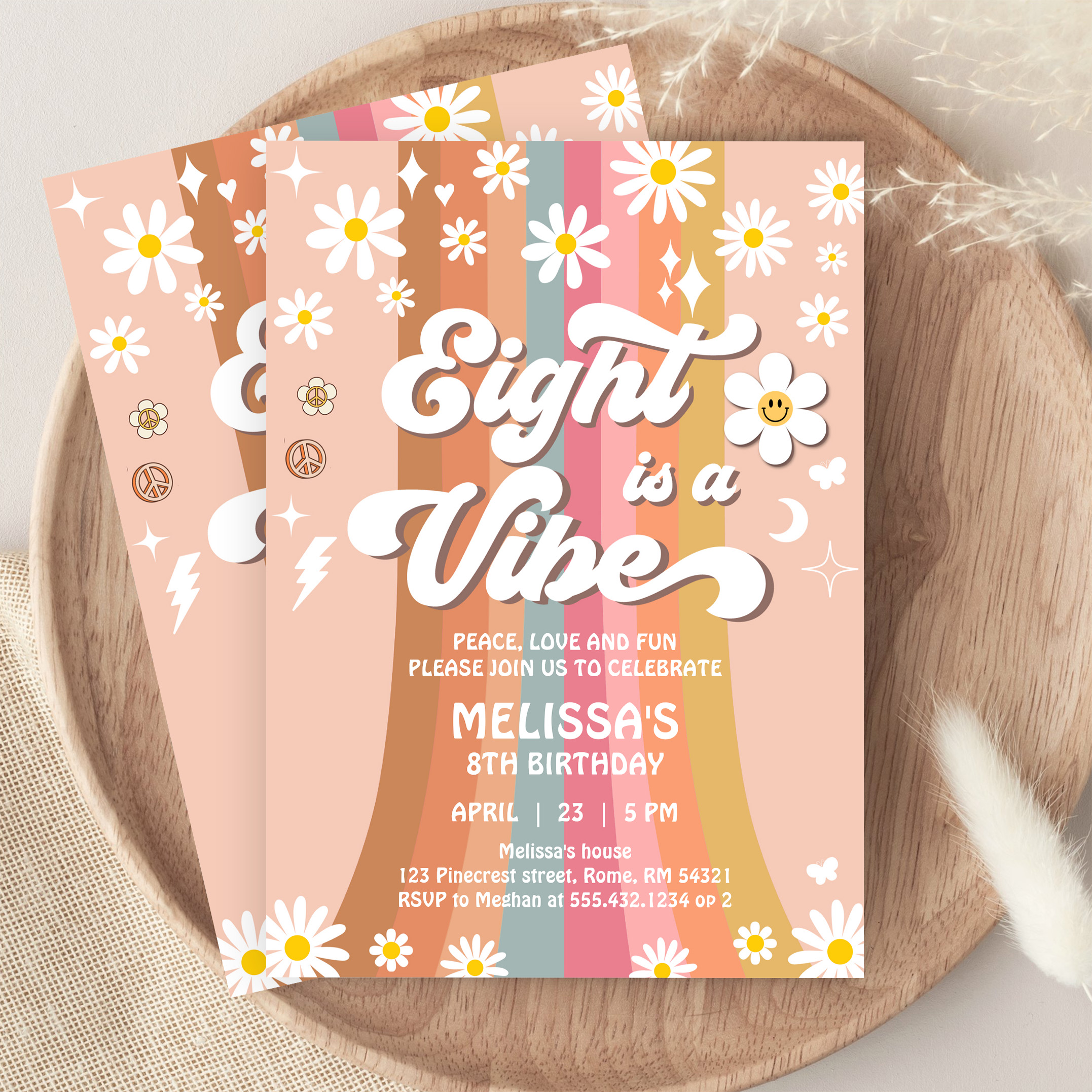 Eight Is A Vibe Groovy Retro Hippie 8th Birthday Invitation - Image 9