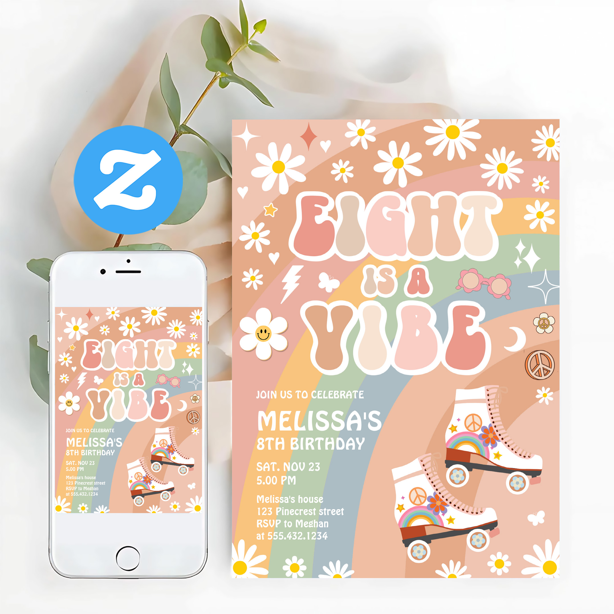 Eight Is A Vibe Groovy Roller Skate 8th Birthday Invitation - Image 12