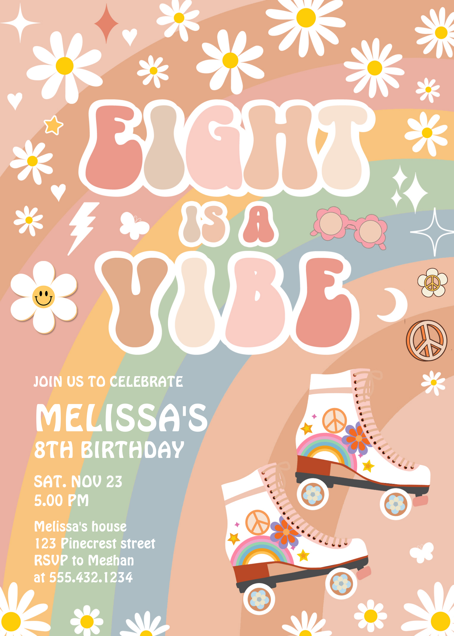 Eight Is A Vibe Groovy Roller Skate 8th Birthday Invitation