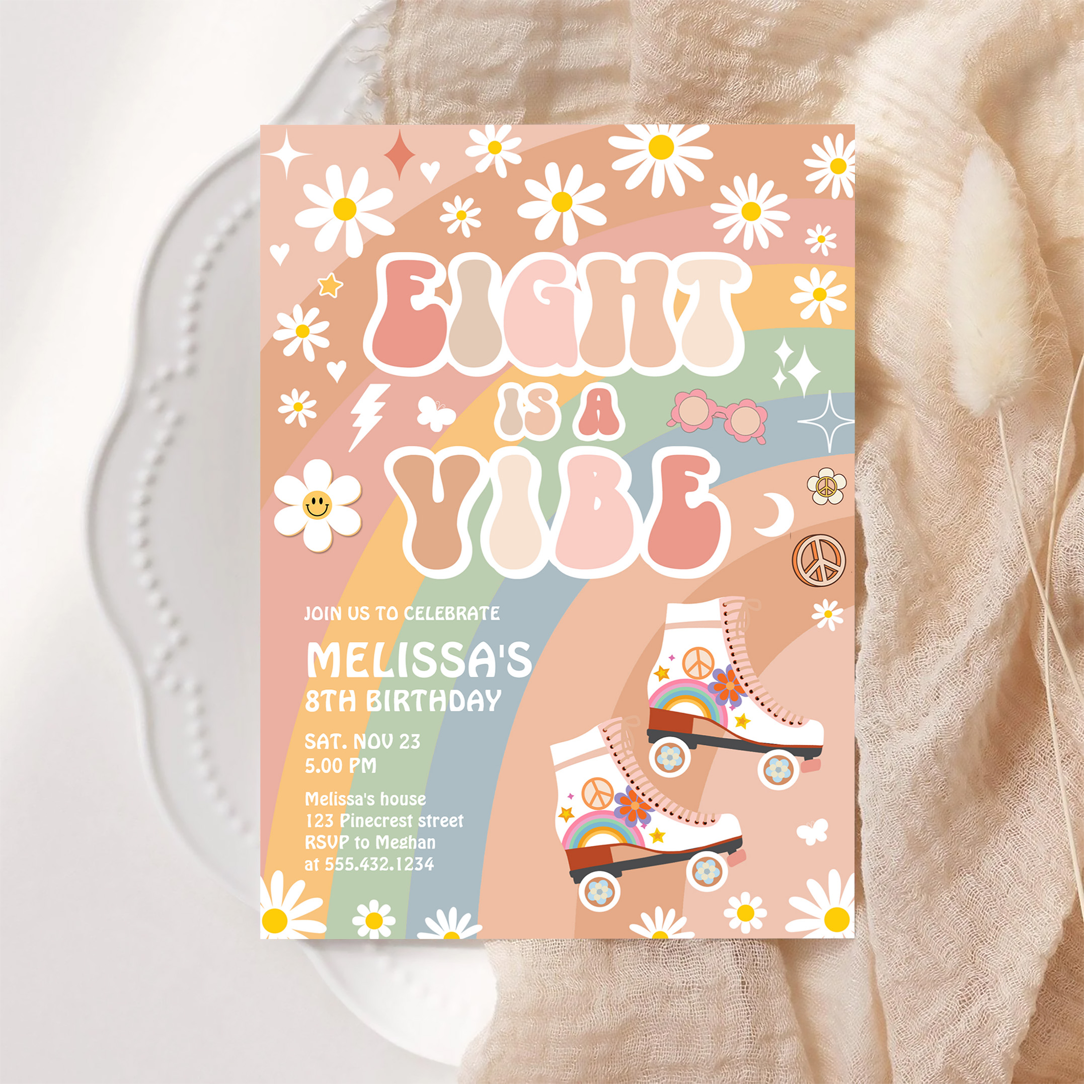 Eight Is A Vibe Groovy Roller Skate 8th Birthday Invitation - Image 6