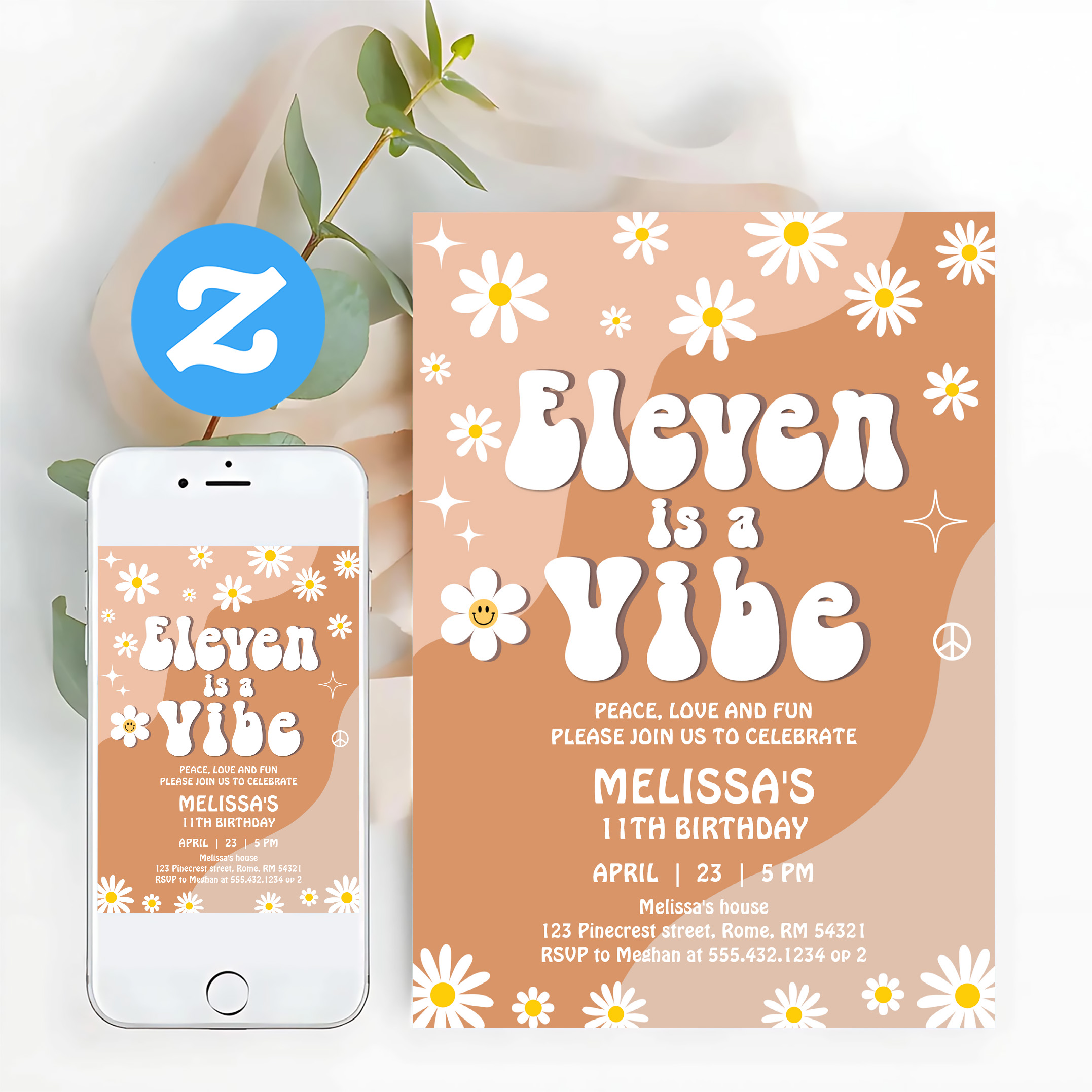 Eleven Is A Vibe Daisy Retro Groovy 11th Birthday Invitation - Image 12