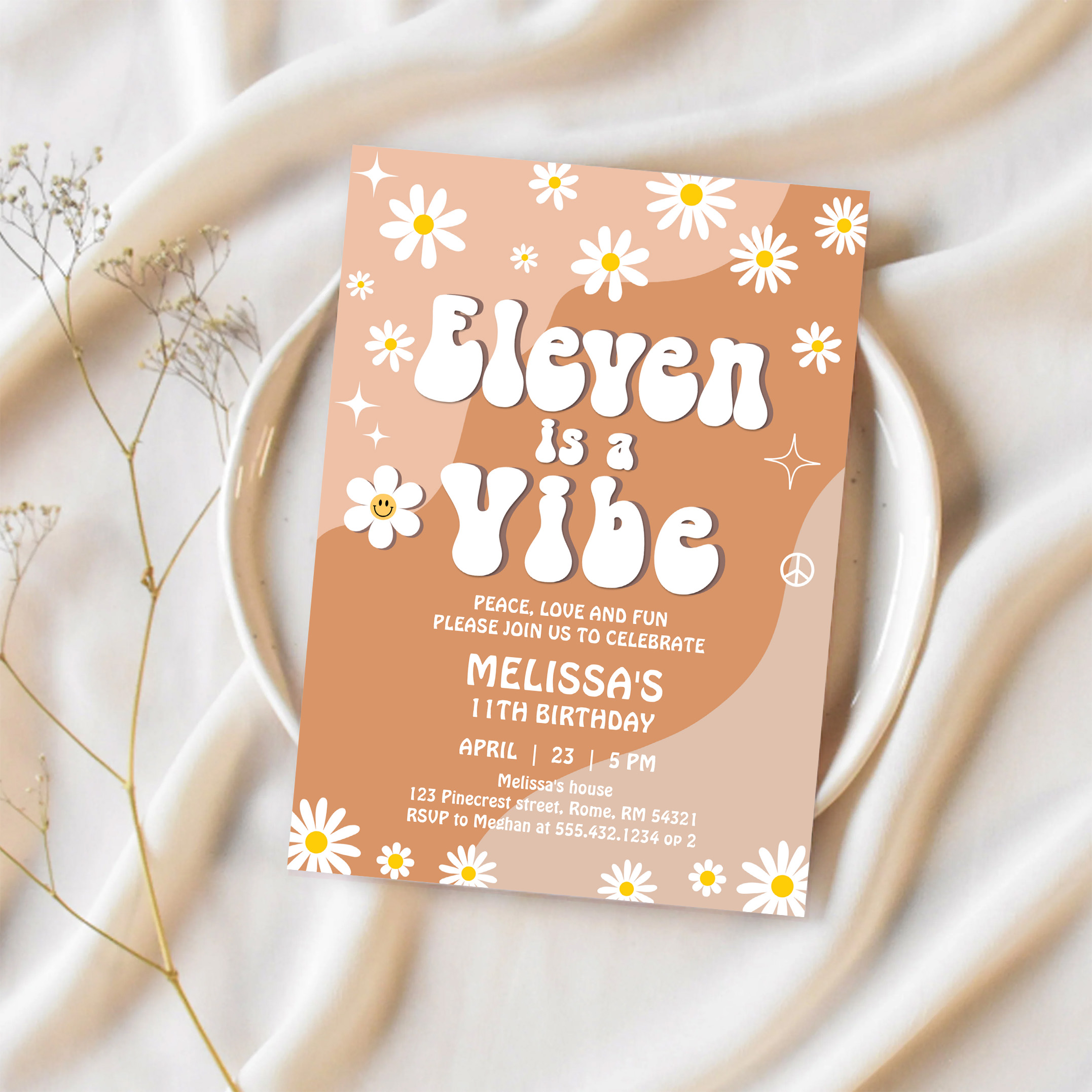 Eleven Is A Vibe Daisy Retro Groovy 11th Birthday Invitation - Image 2