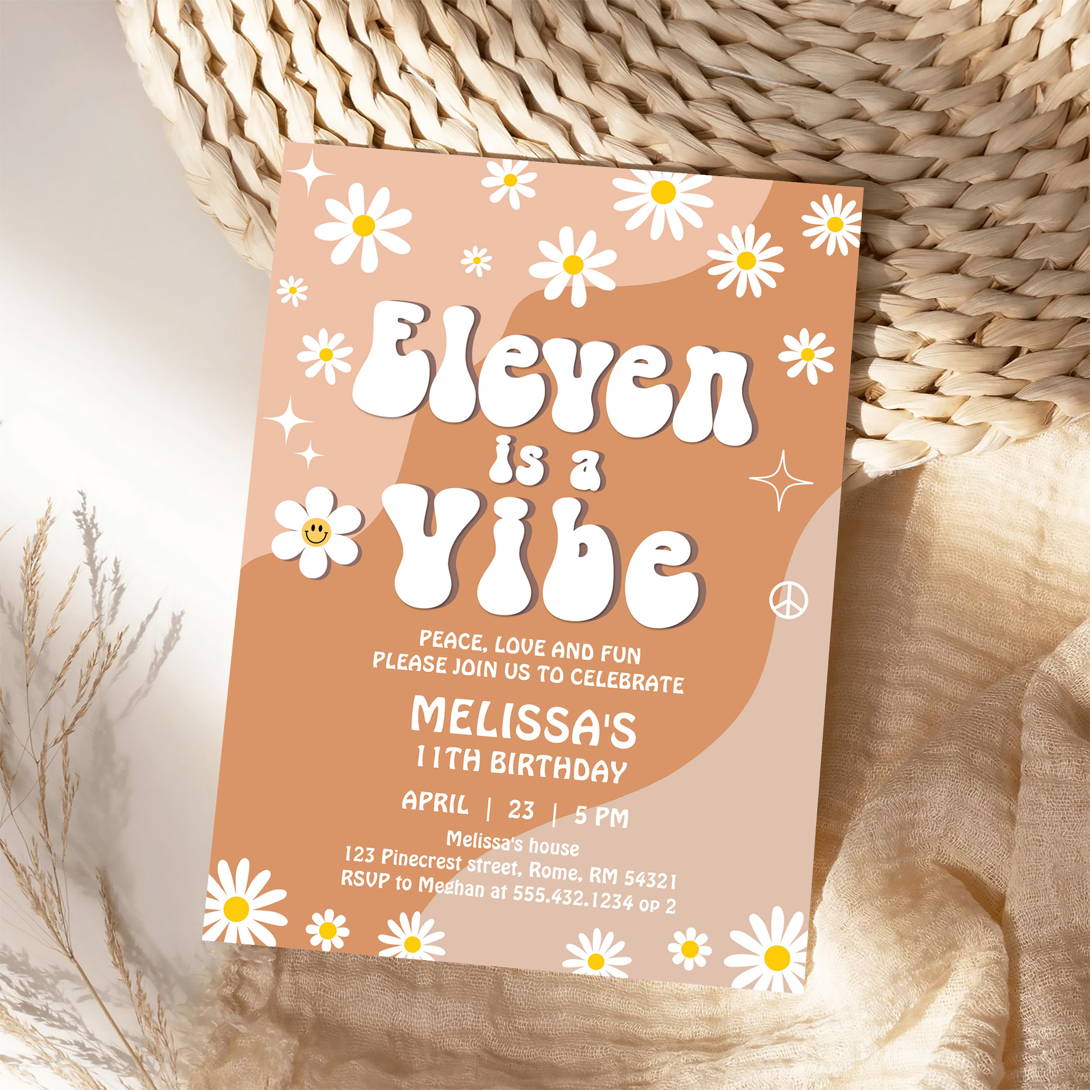 Eleven Is A Vibe Daisy Retro Groovy 11th Birthday Invitation - Image 4