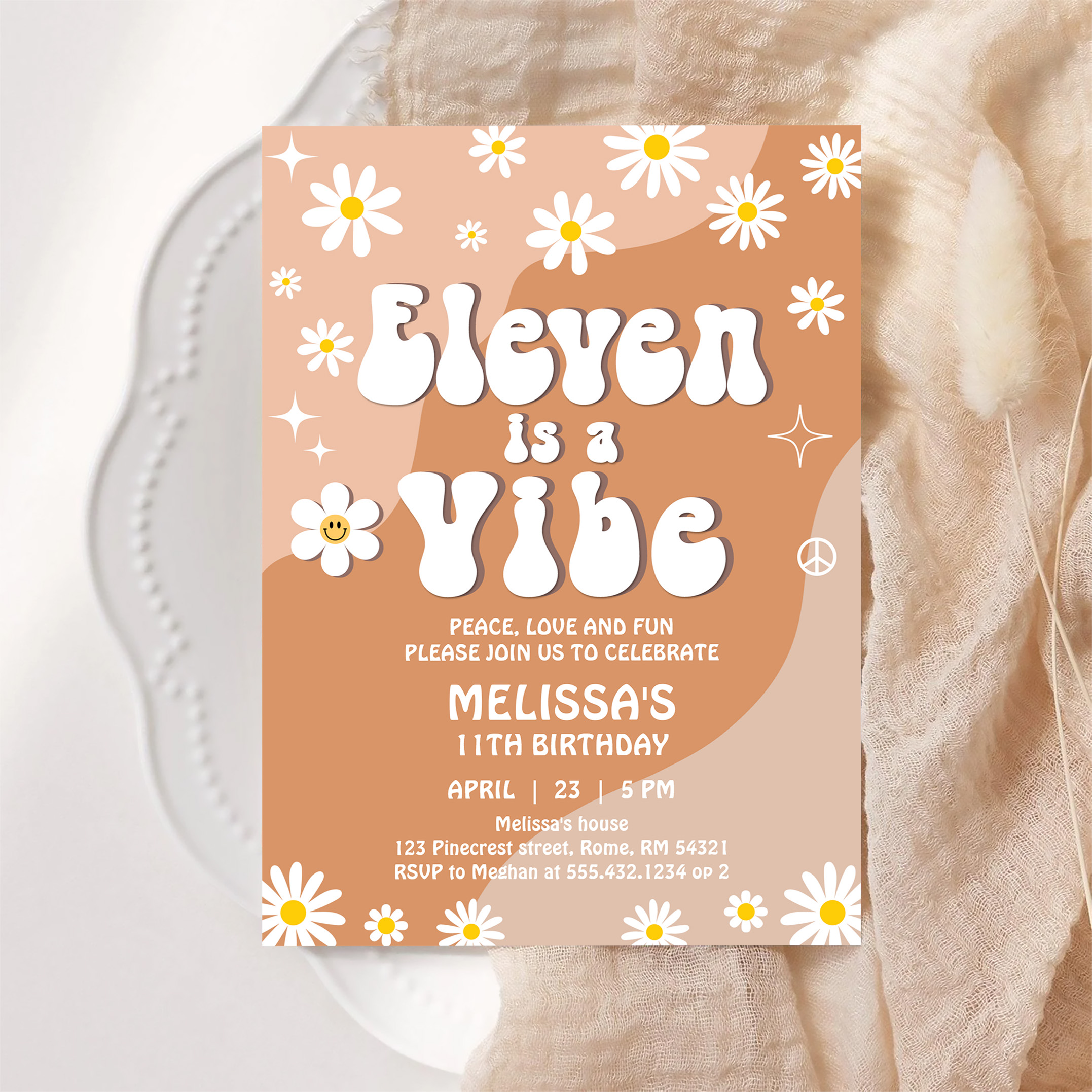 Eleven Is A Vibe Daisy Retro Groovy 11th Birthday Invitation - Image 6
