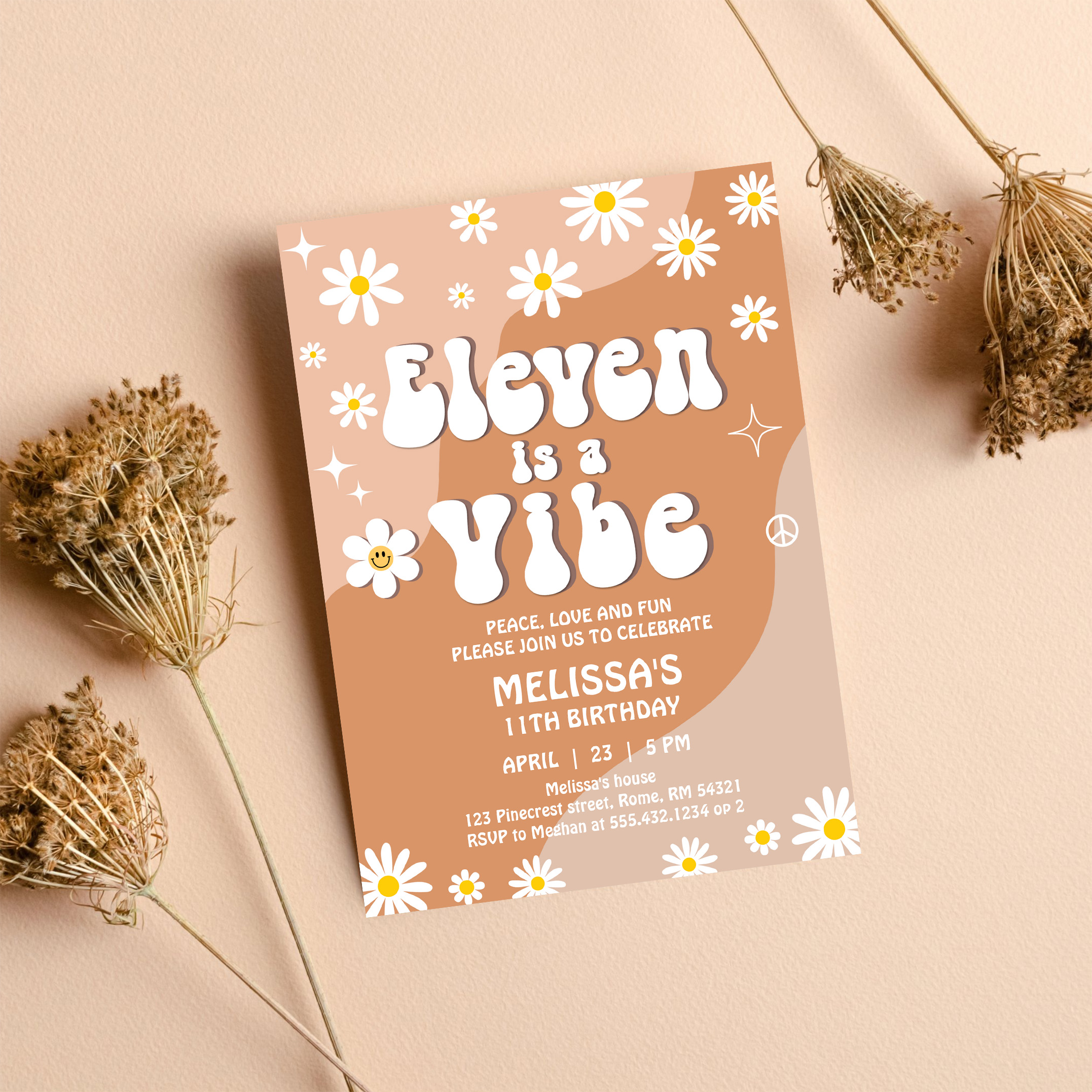 Eleven Is A Vibe Daisy Retro Groovy 11th Birthday Invitation - Image 8