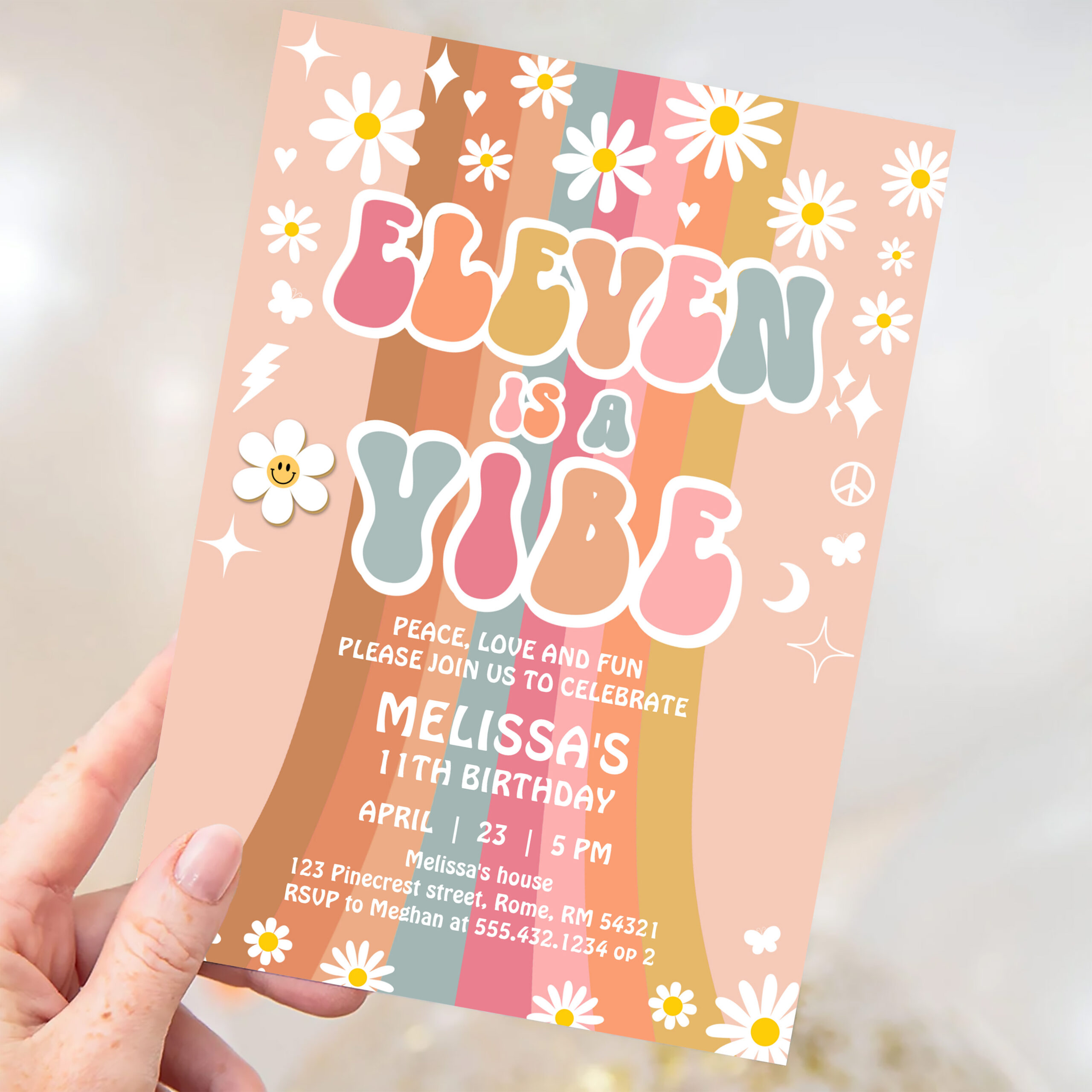 Eleven Is A Vibe Rainbow Groovy 11th Birthday Invitation - Image 3