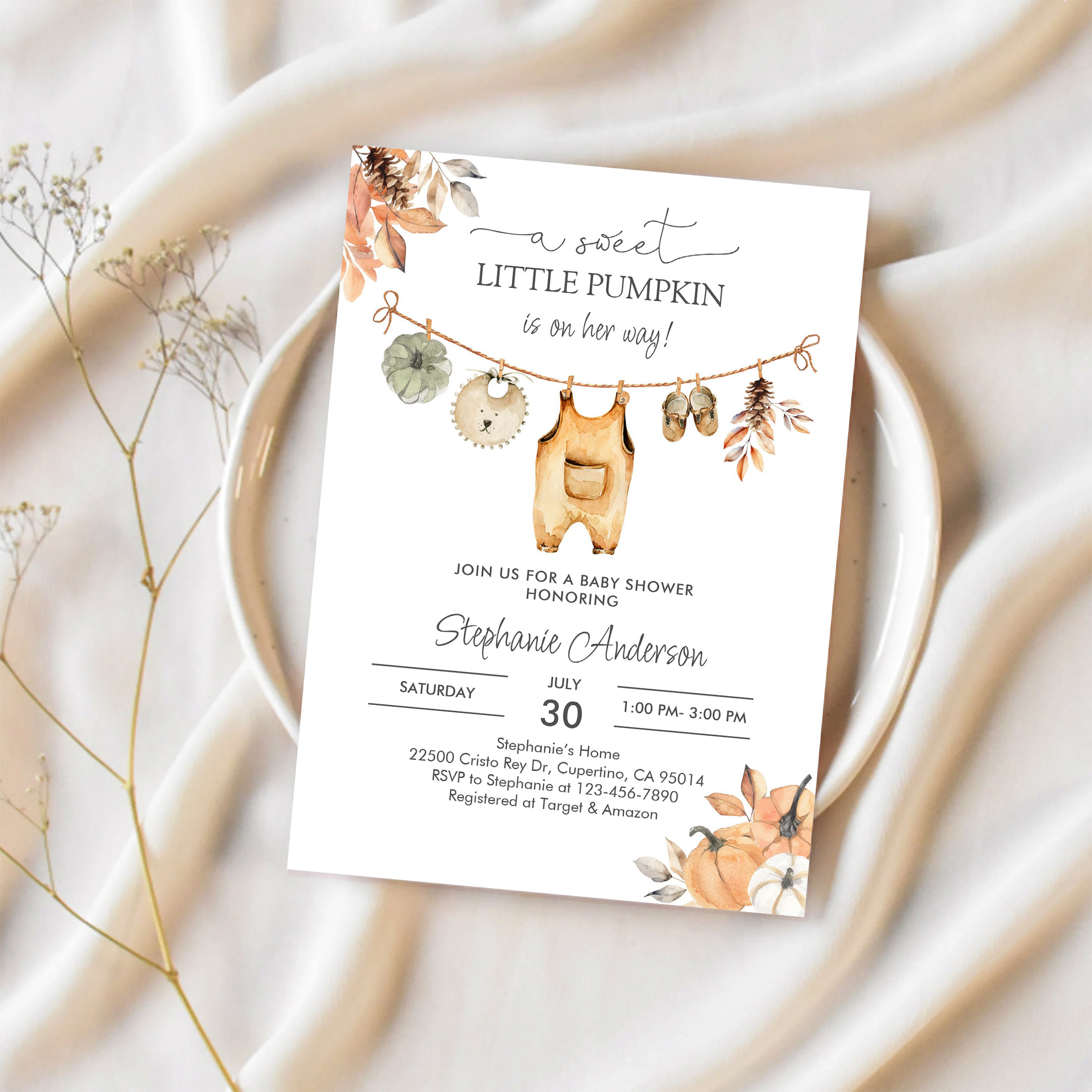 Fall Pumpkin Girl Baby Clothes Baby Shower Invitation - Image 2