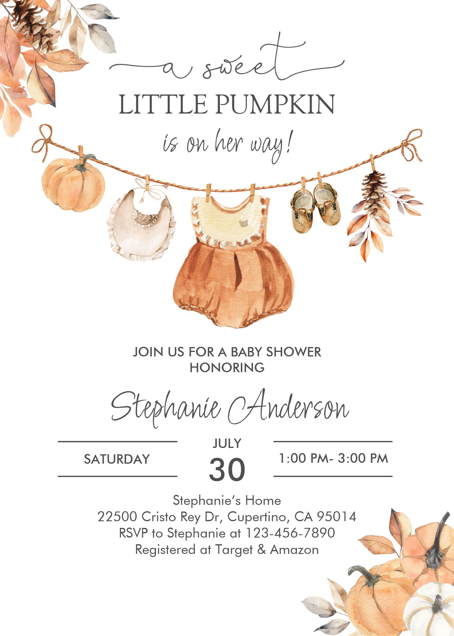Fall Pumpkin Girl Baby Clothes Baby Shower Invitation