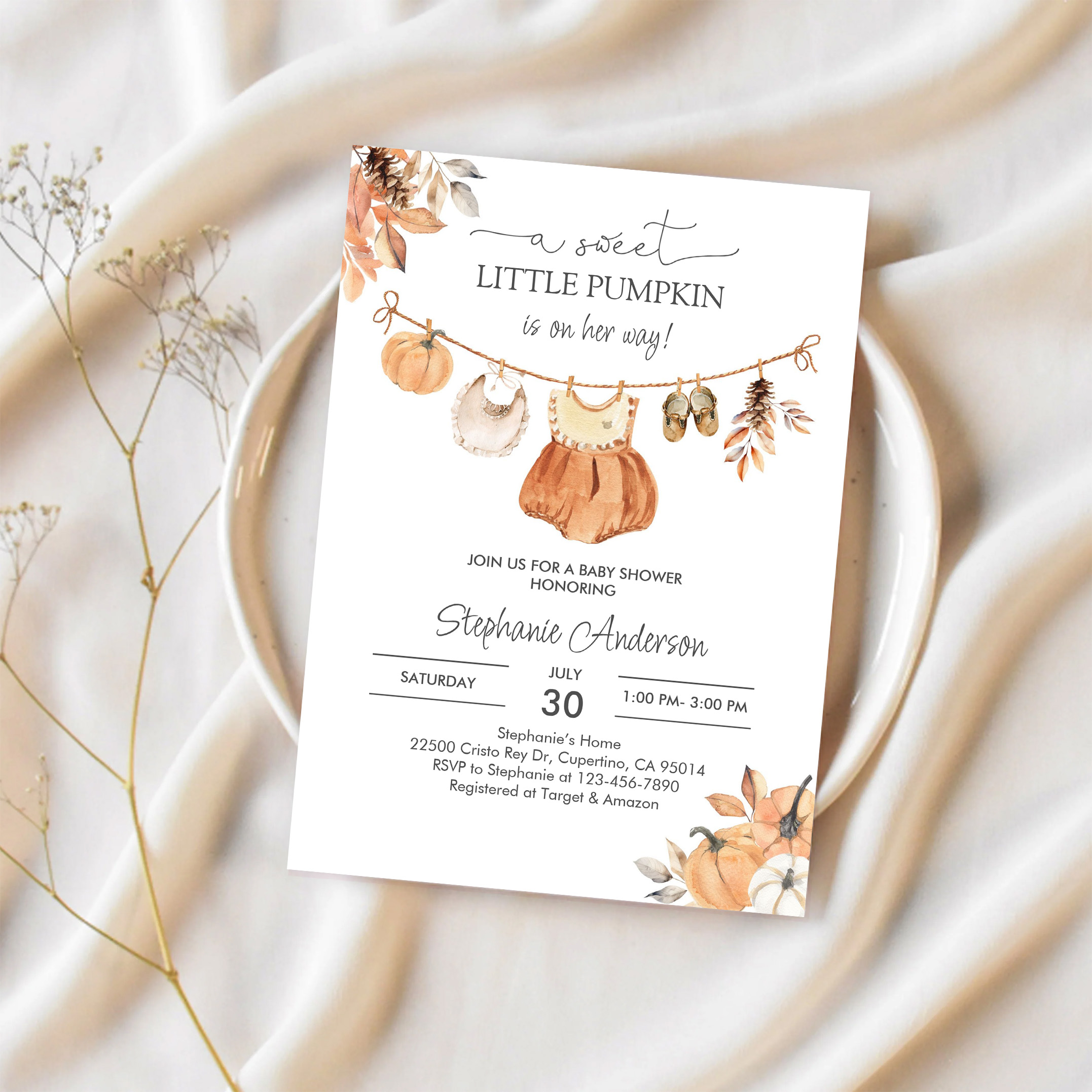 Fall Pumpkin Girl Baby Clothes Baby Shower Invitation - Image 2