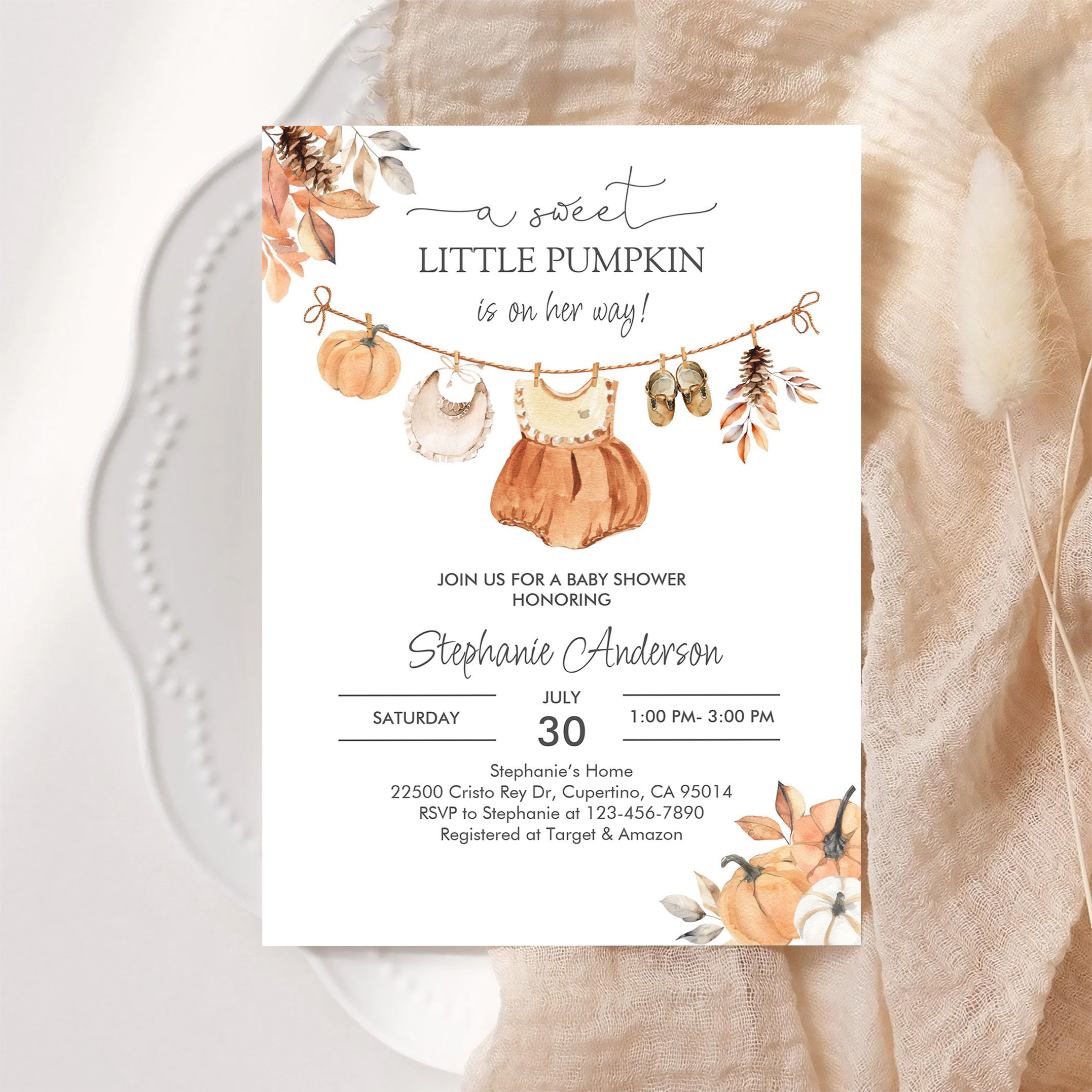 Fall Pumpkin Girl Baby Clothes Baby Shower Invitation - Image 6