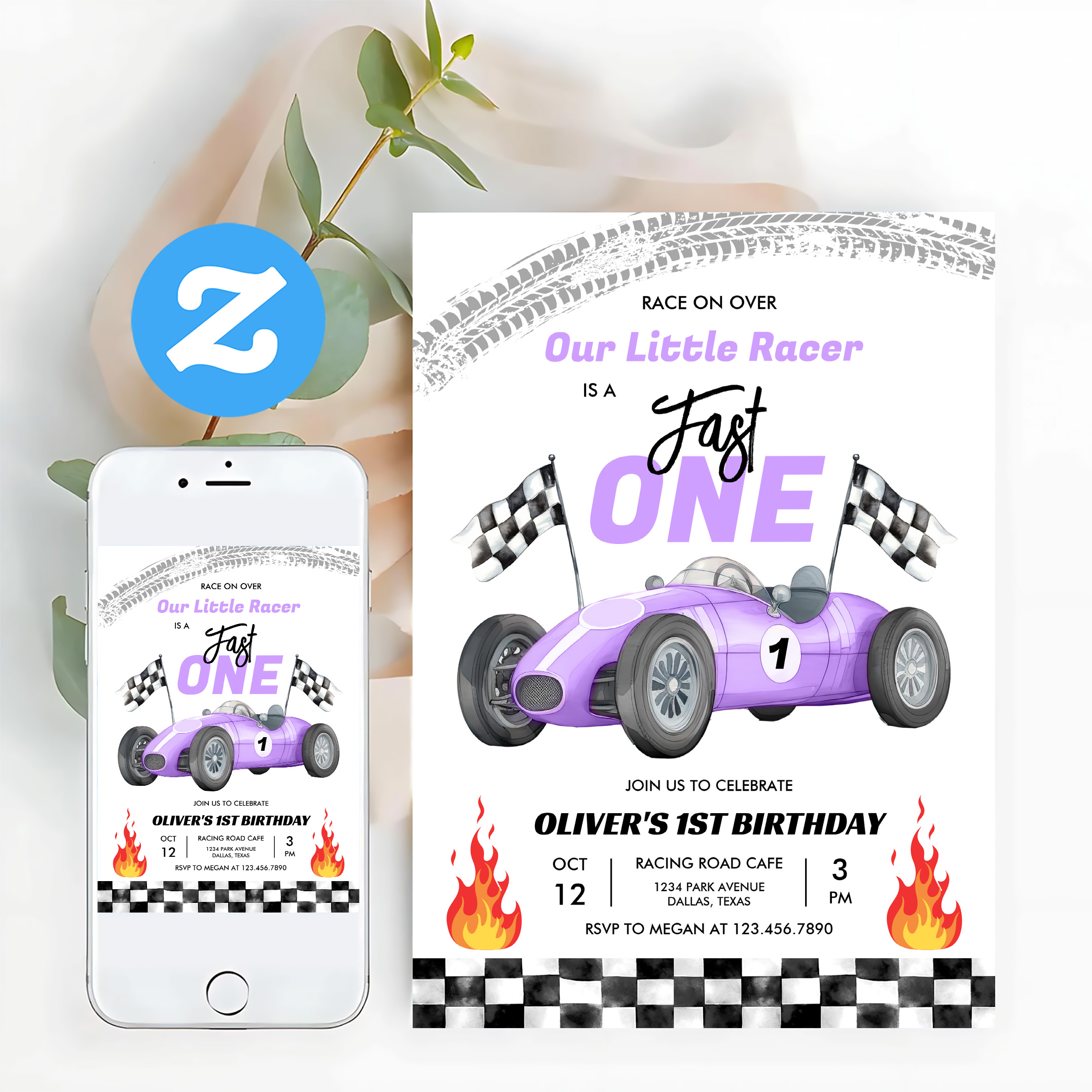 Fast One Purple Race Car 1st Birthday Racing Girl Invitation - Image 12