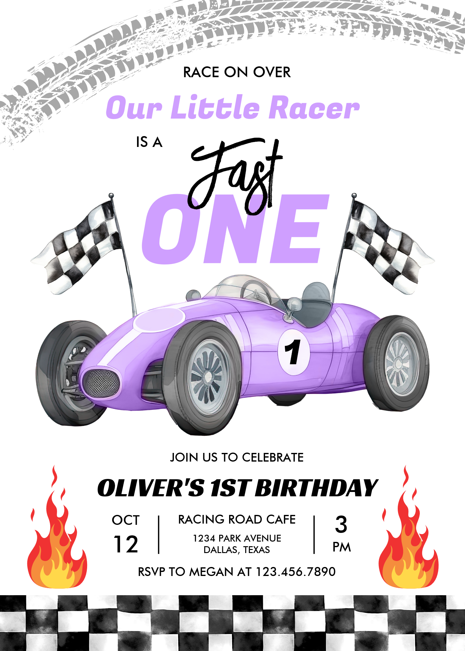 Fast One Purple Race Car 1st Birthday Racing Girl Invitation
