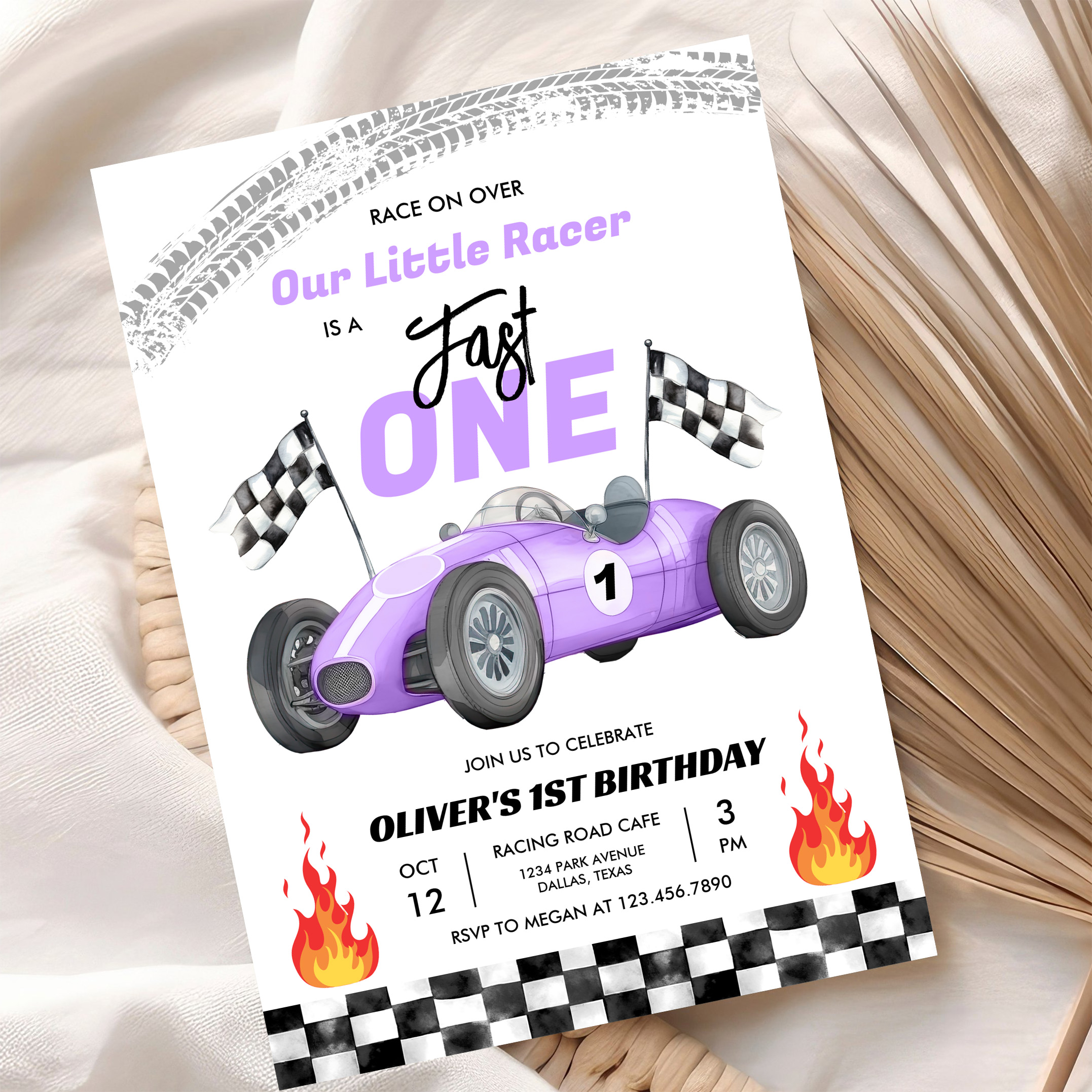 Fast One Purple Race Car 1st Birthday Racing Girl Invitation - Image 10
