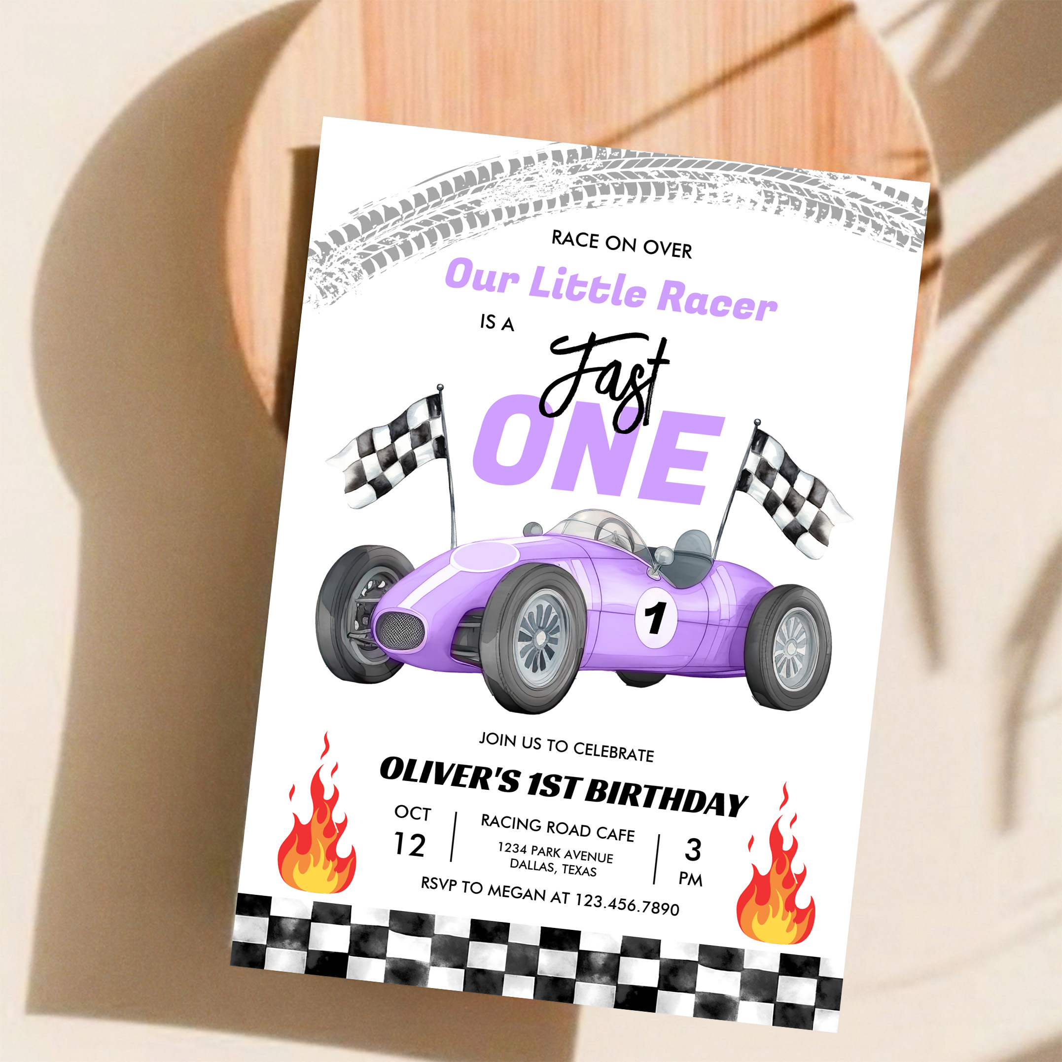 Fast One Purple Race Car 1st Birthday Racing Girl Invitation - Image 11