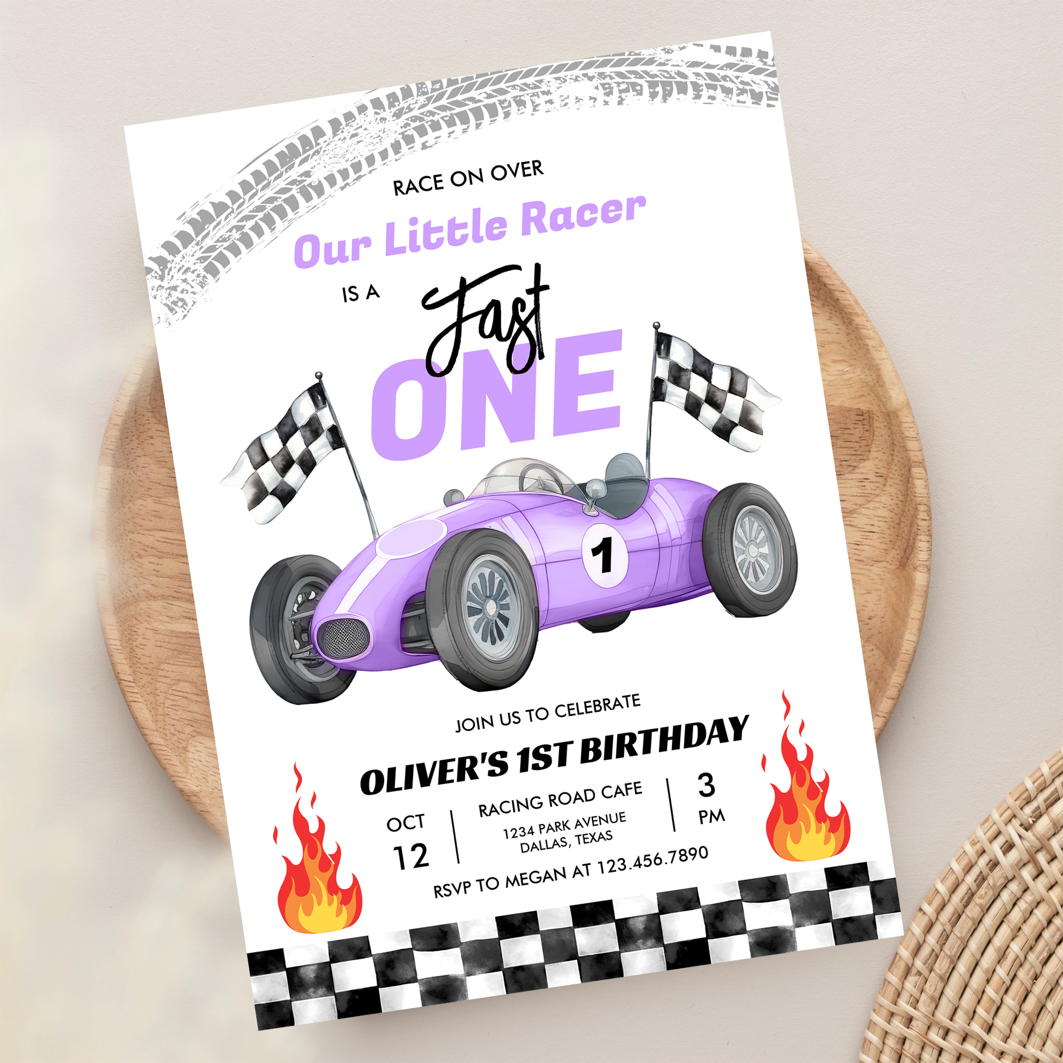 Fast One Purple Race Car 1st Birthday Racing Girl Invitation - Image 13