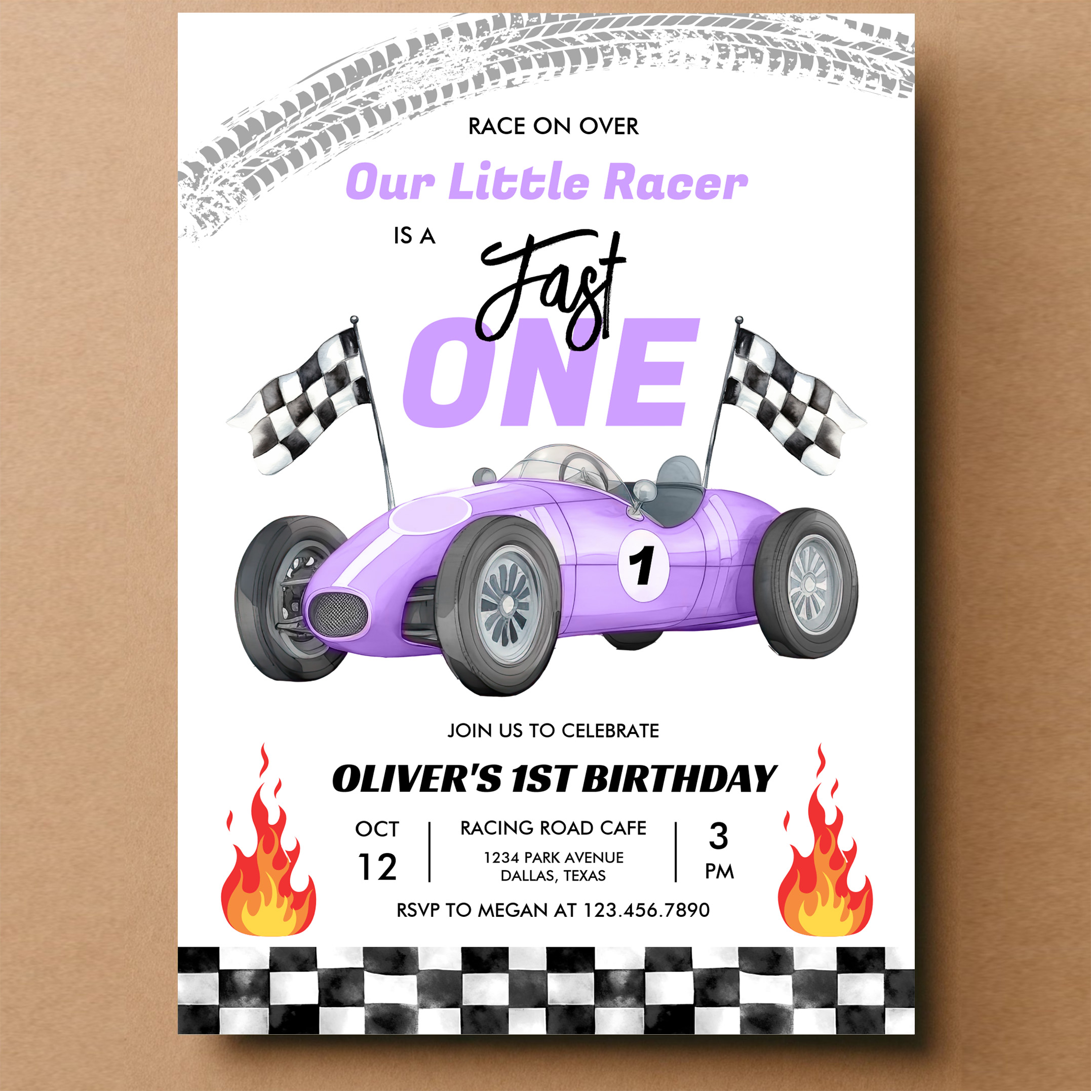 Fast One Purple Race Car 1st Birthday Racing Girl Invitation - Image 14