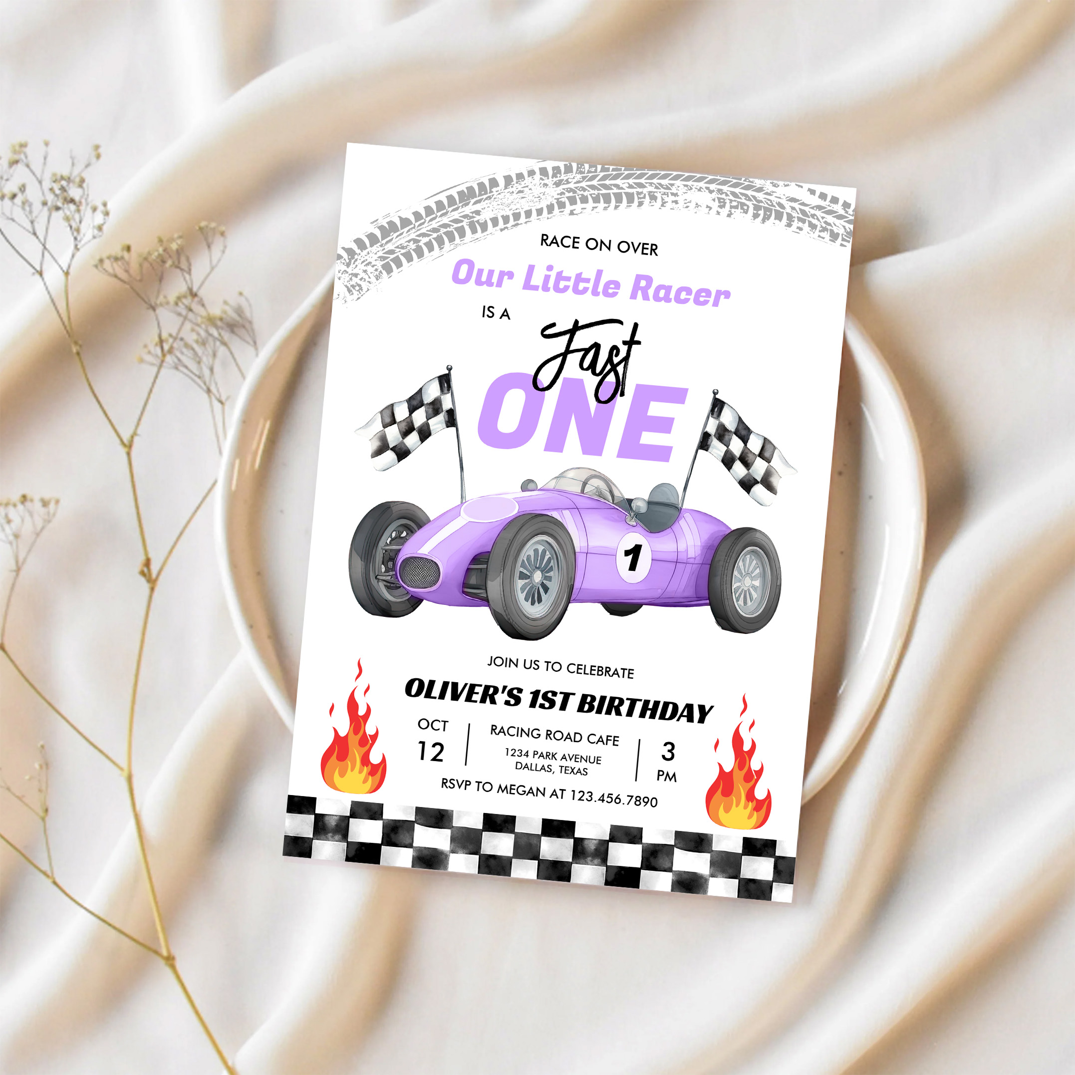 Fast One Purple Race Car 1st Birthday Racing Girl Invitation - Image 2