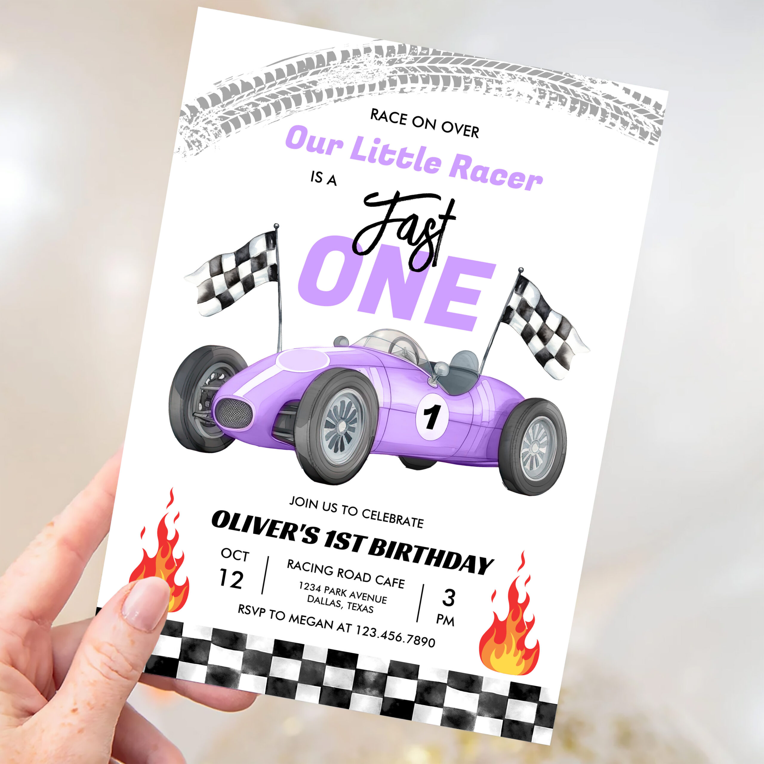 Fast One Purple Race Car 1st Birthday Racing Girl Invitation - Image 3