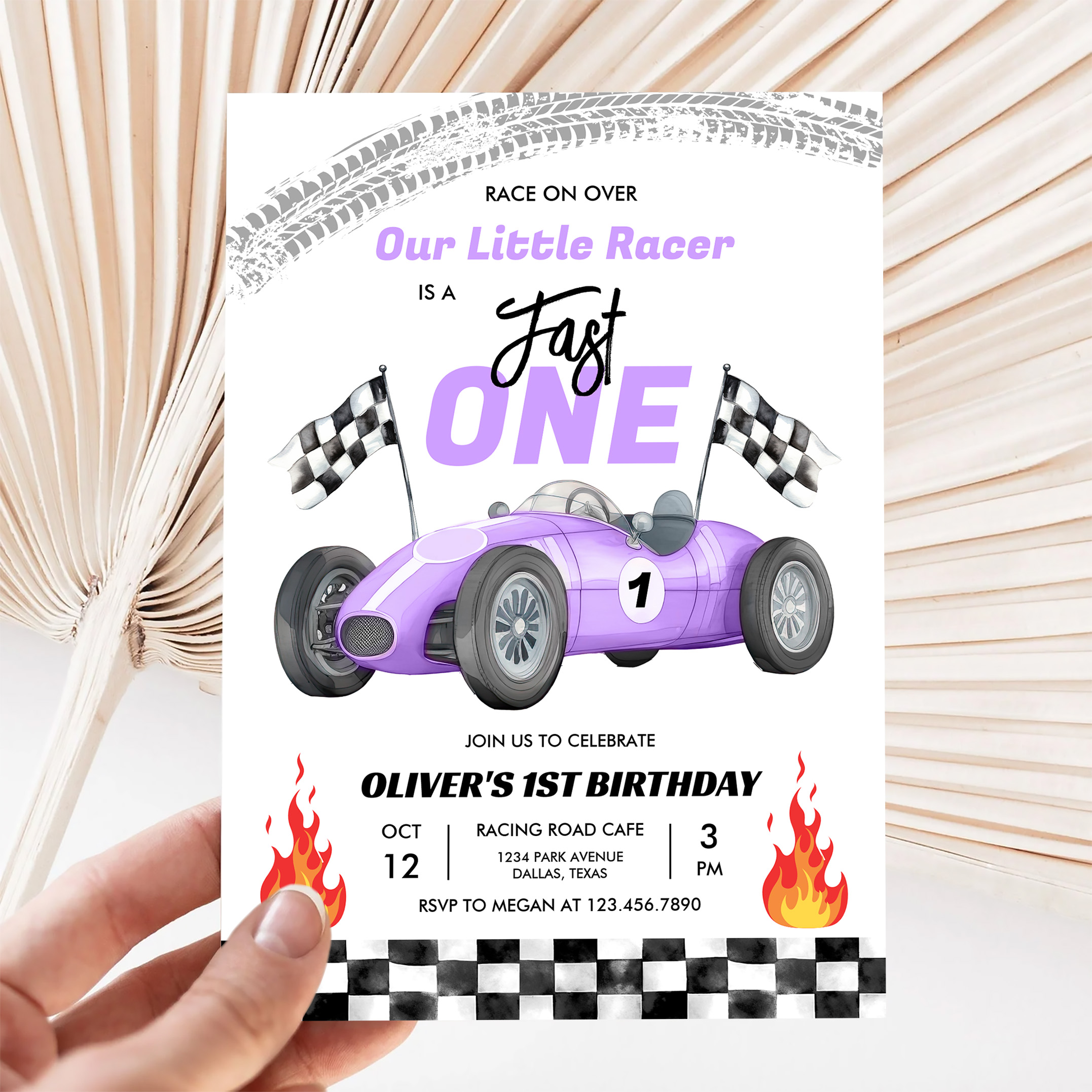 Fast One Purple Race Car 1st Birthday Racing Girl Invitation - Image 5