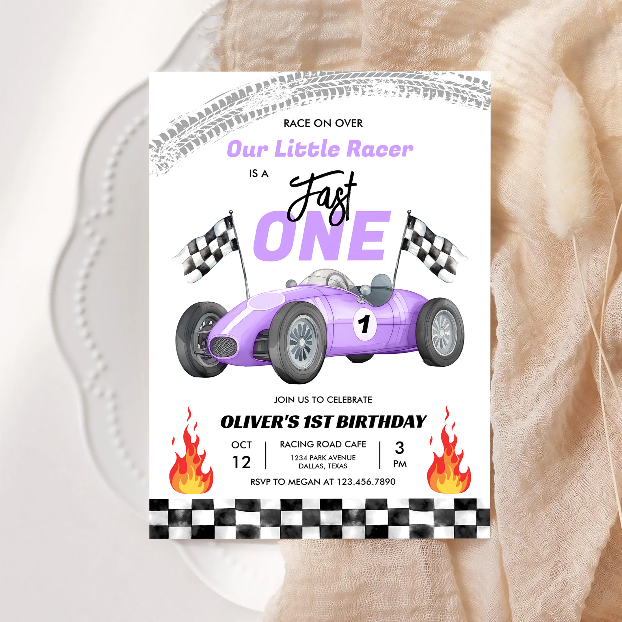 Fast One Purple Race Car 1st Birthday Racing Girl Invitation - Image 6