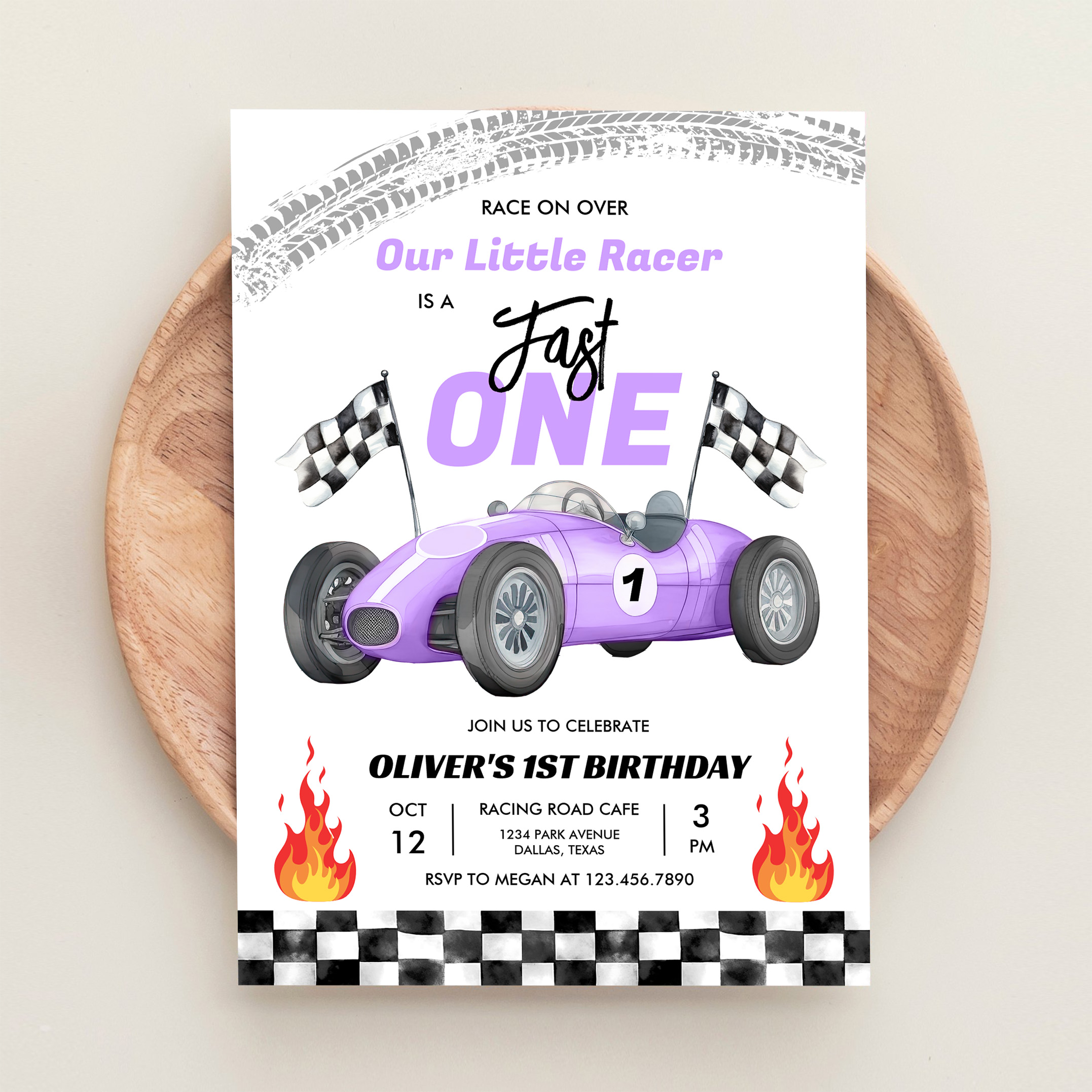 Fast One Purple Race Car 1st Birthday Racing Girl Invitation - Image 7