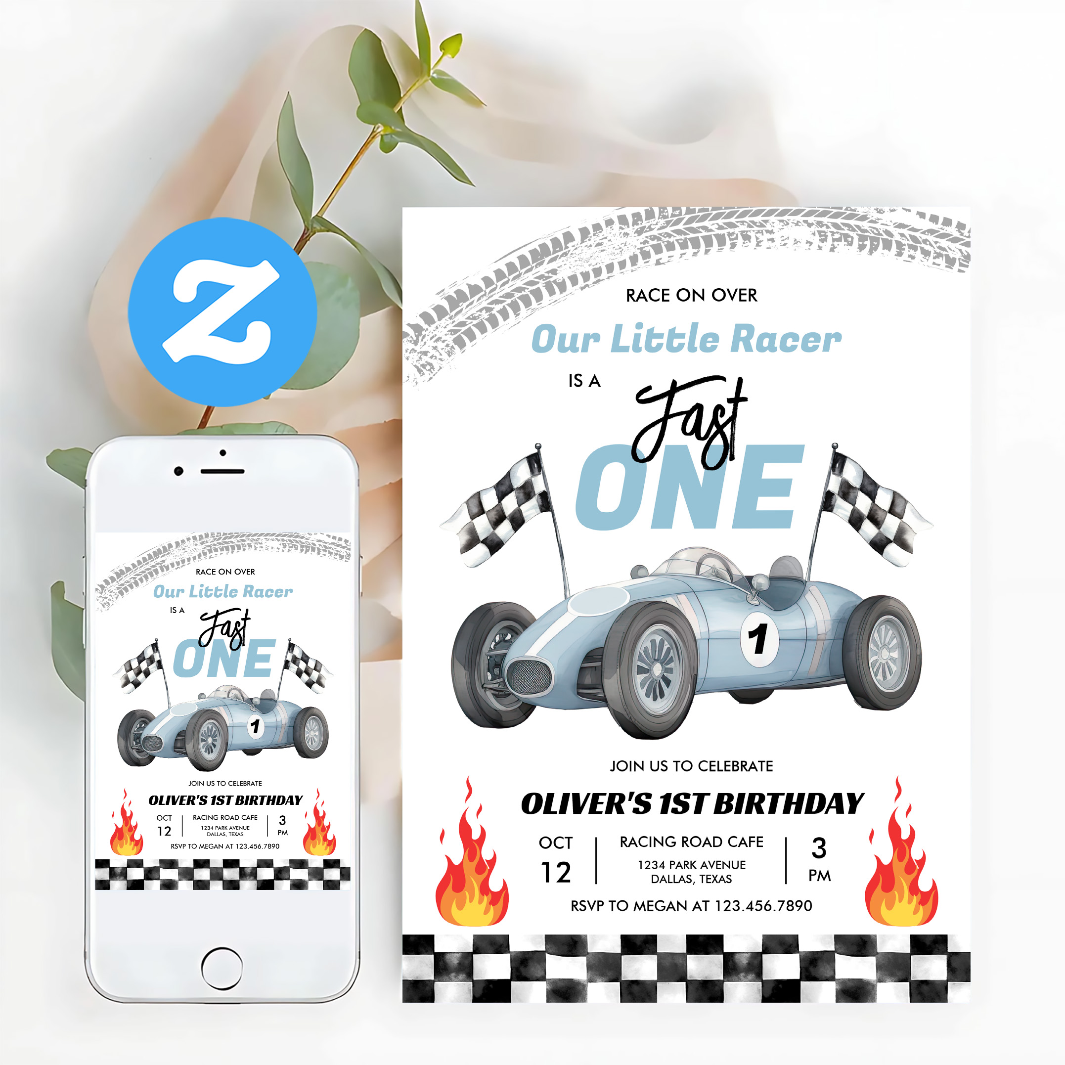 Fast One Race Car 1st Birthday Racing Boy Invitation - Image 12