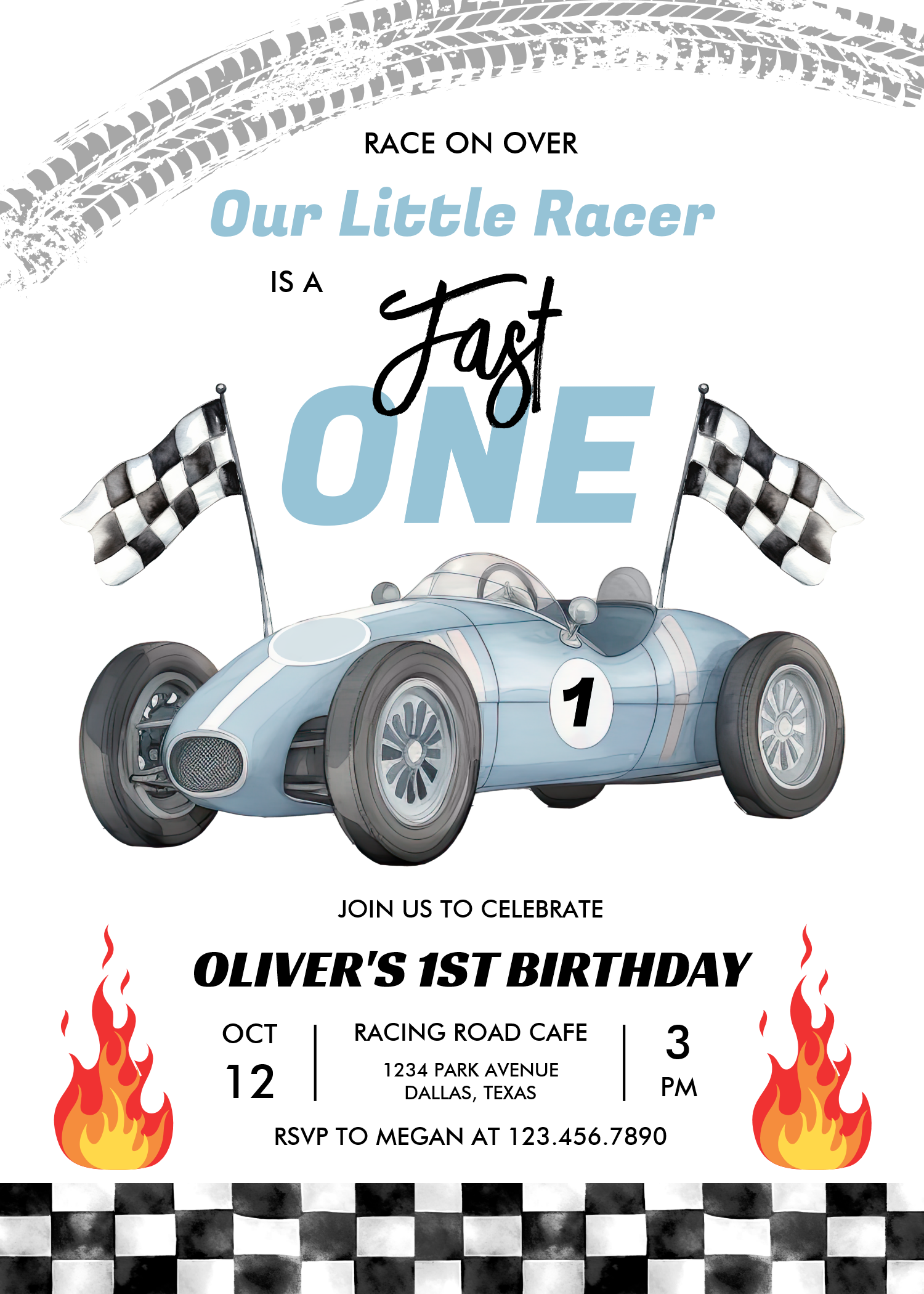 Fast One Race Car 1st Birthday Racing Boy Invitation