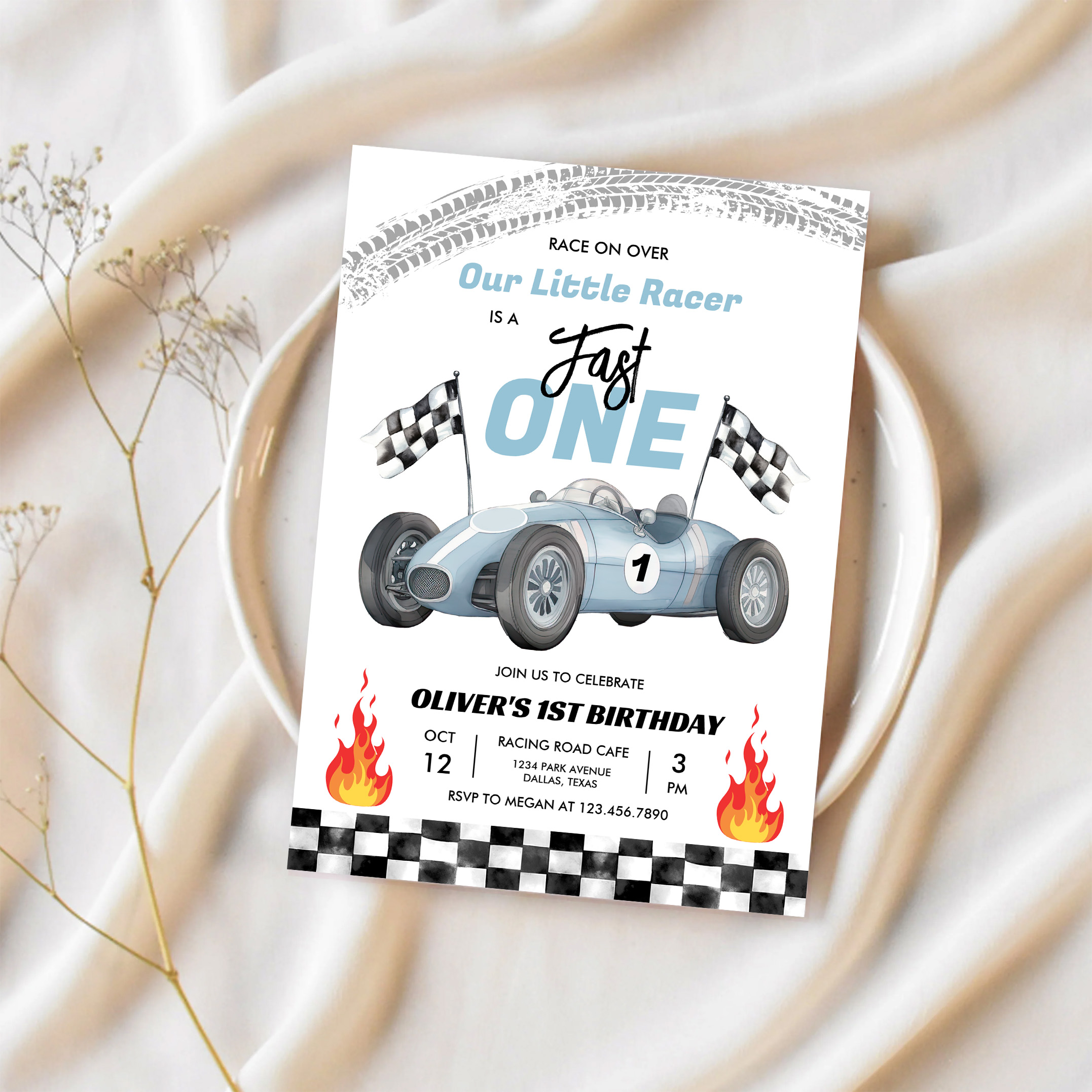 Fast One Race Car 1st Birthday Racing Boy Invitation - Image 2
