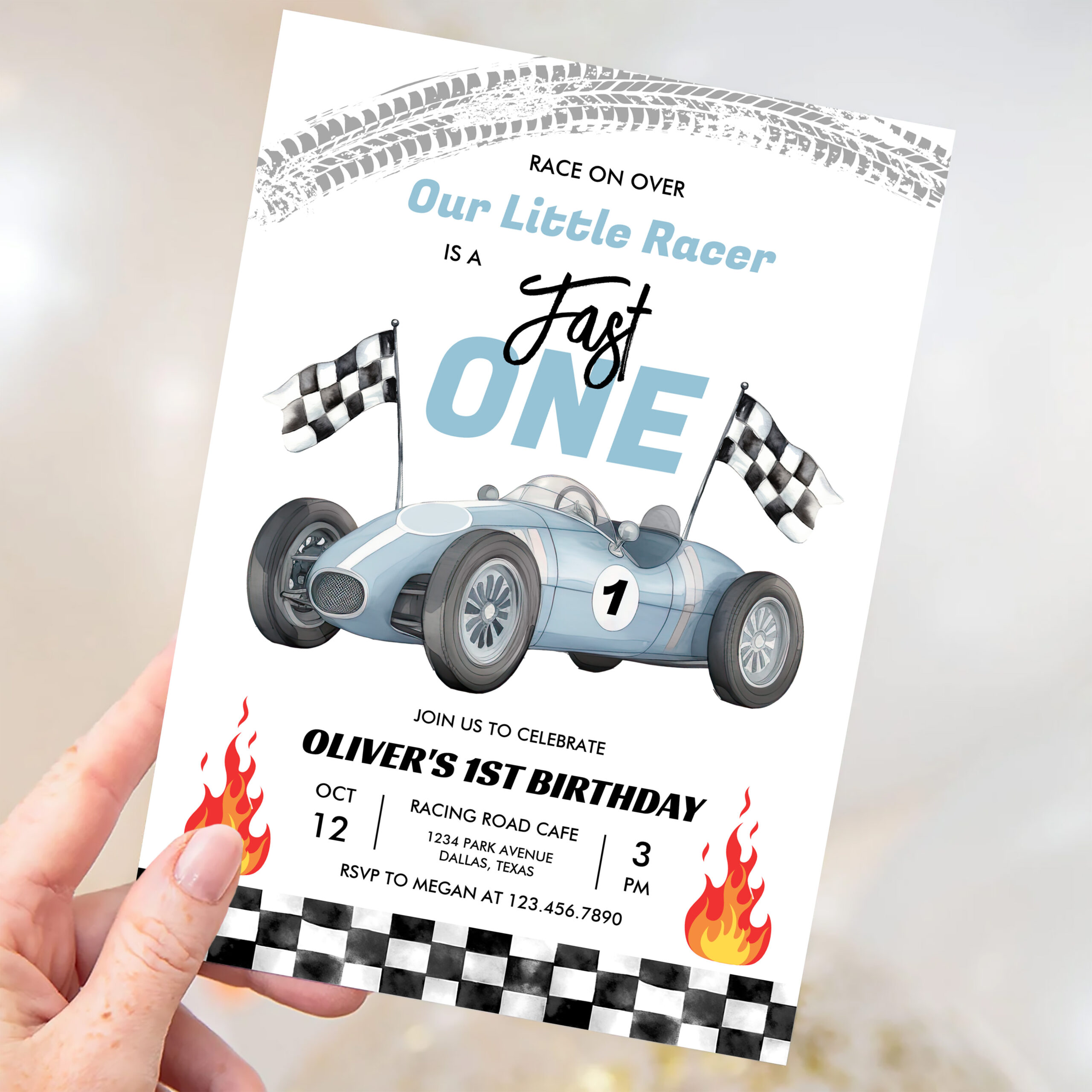 Fast One Race Car 1st Birthday Racing Boy Invitation - Image 3