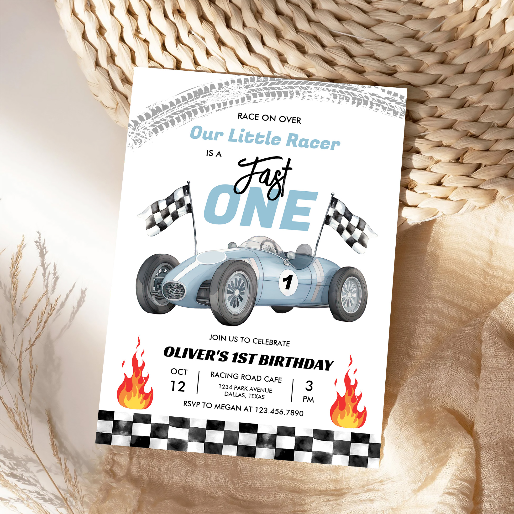 Fast One Race Car 1st Birthday Racing Boy Invitation - Image 4