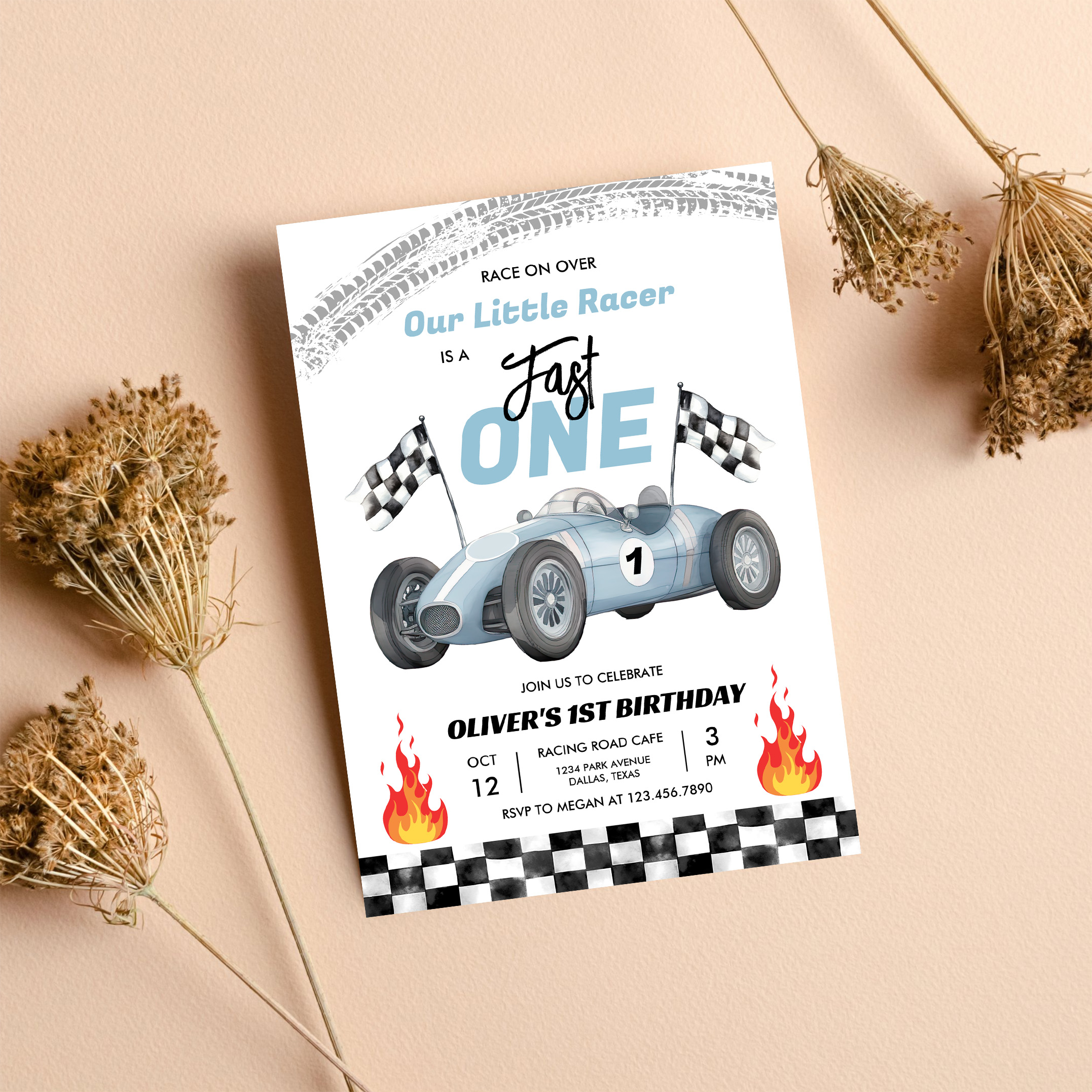 Fast One Race Car 1st Birthday Racing Boy Invitation - Image 8