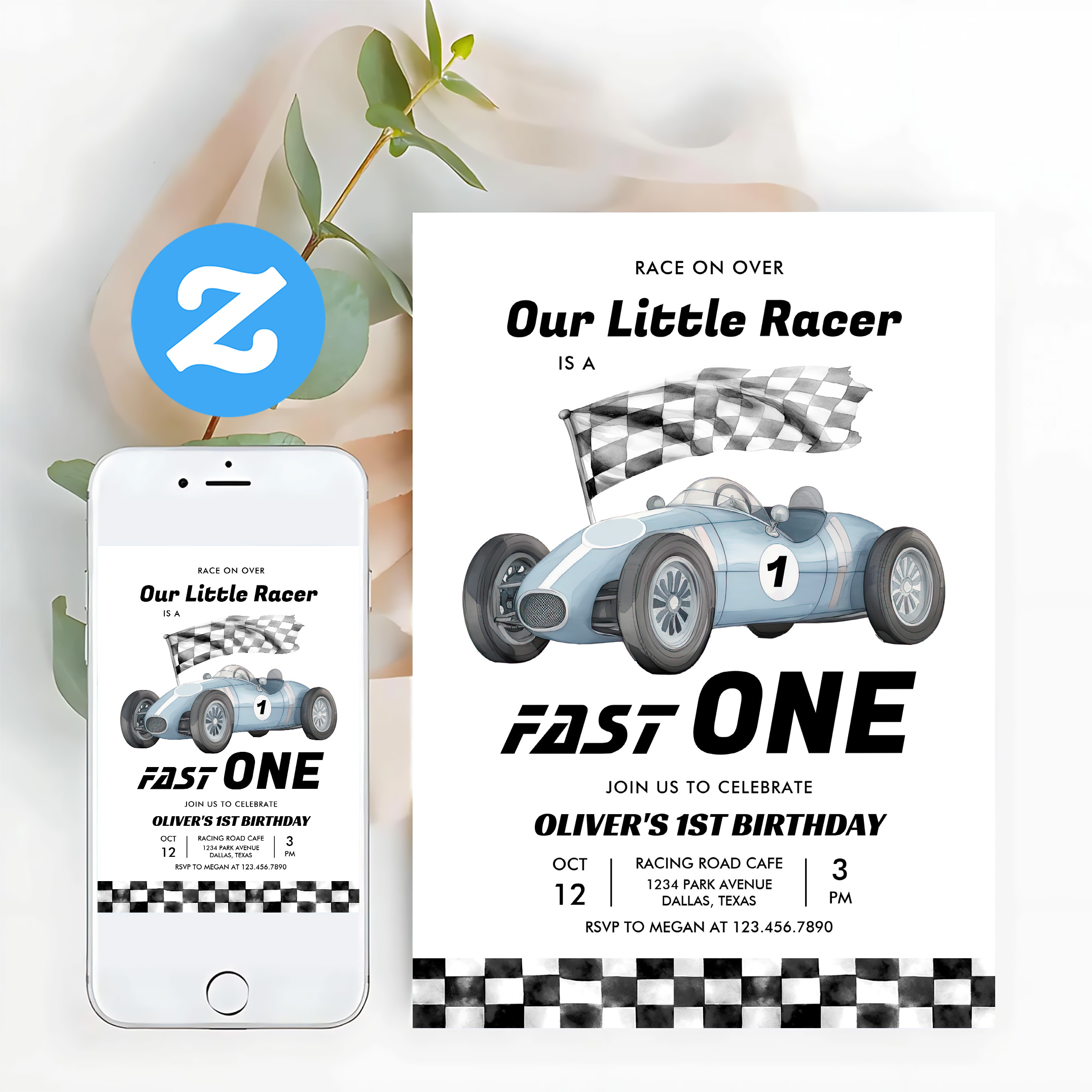 Fast One Race Car 1st Birthday Racing Boy Invitation - Image 12