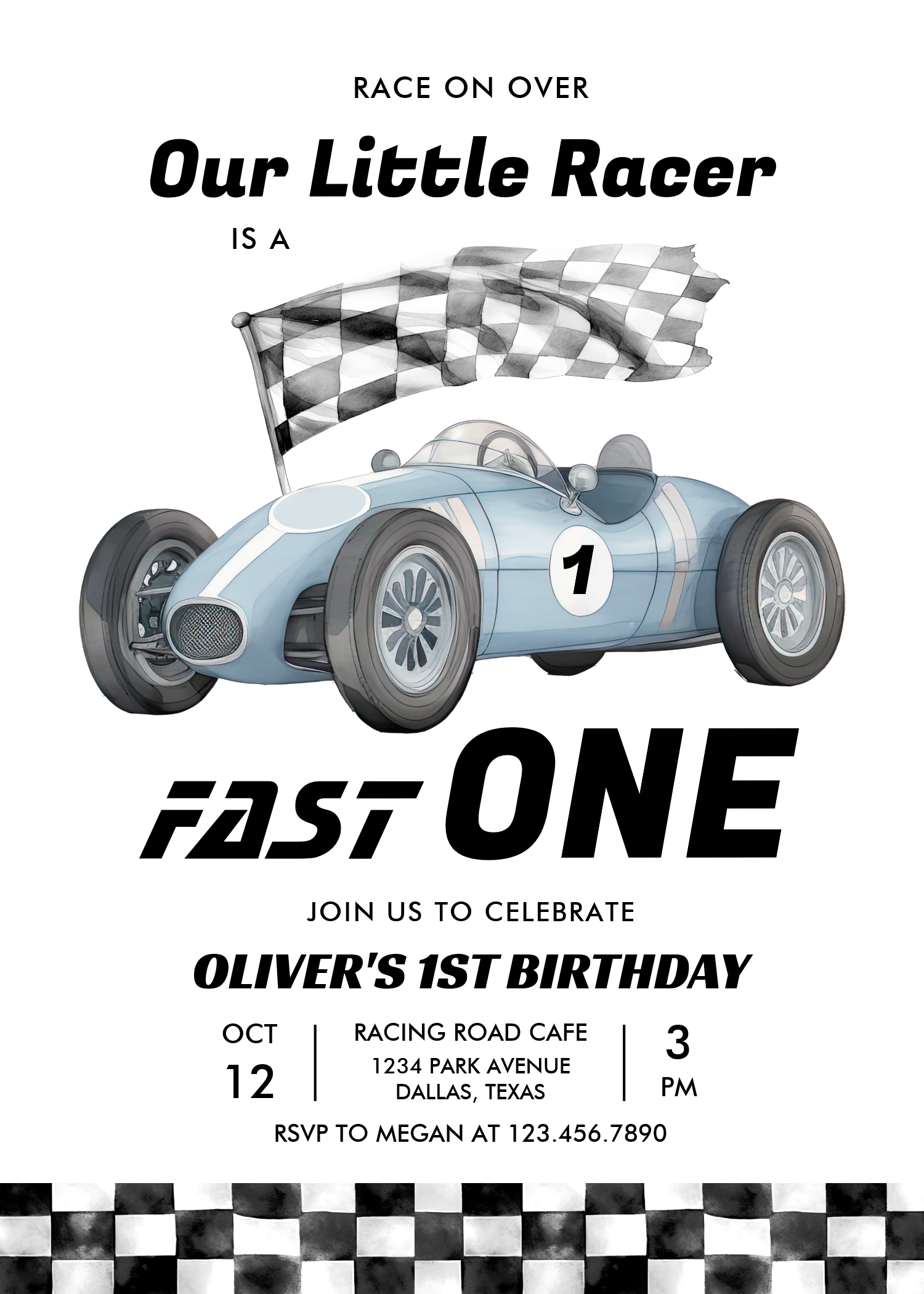 Fast One Race Car 1st Birthday Racing Boy Invitation