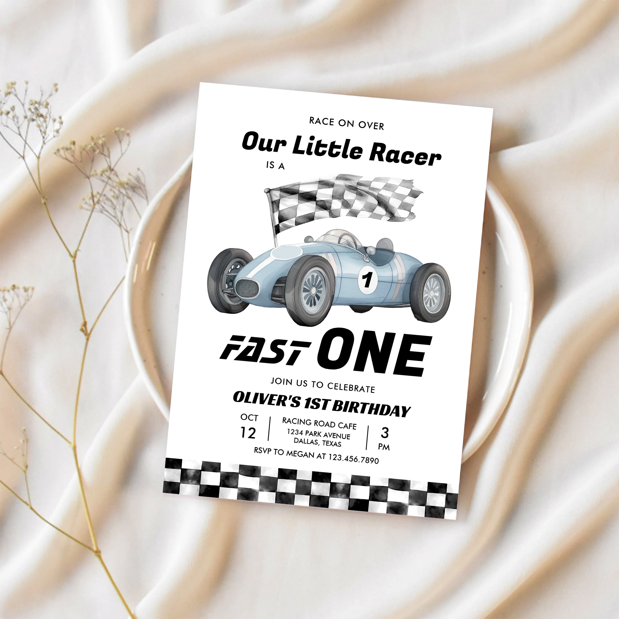 Fast One Race Car 1st Birthday Racing Boy Invitation - Image 2