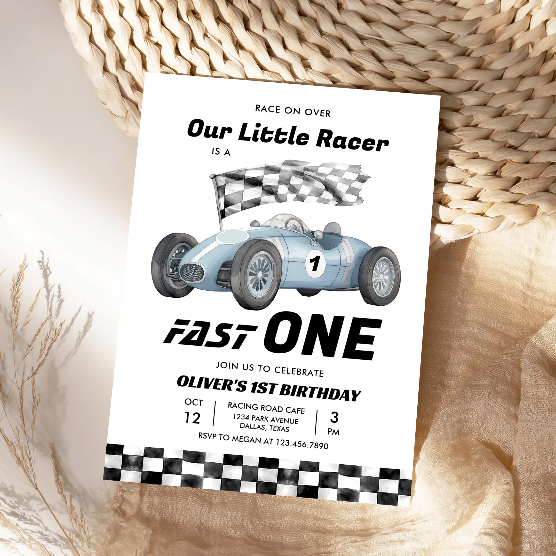 Fast One Race Car 1st Birthday Racing Boy Invitation - Image 4