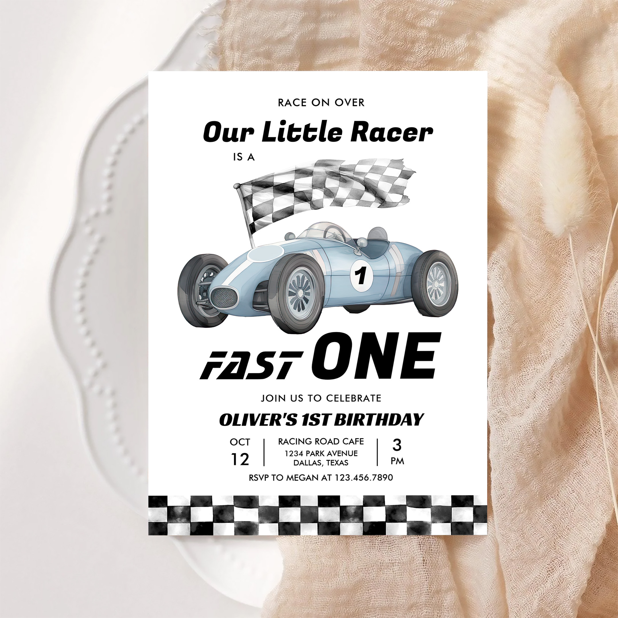 Fast One Race Car 1st Birthday Racing Boy Invitation - Image 6