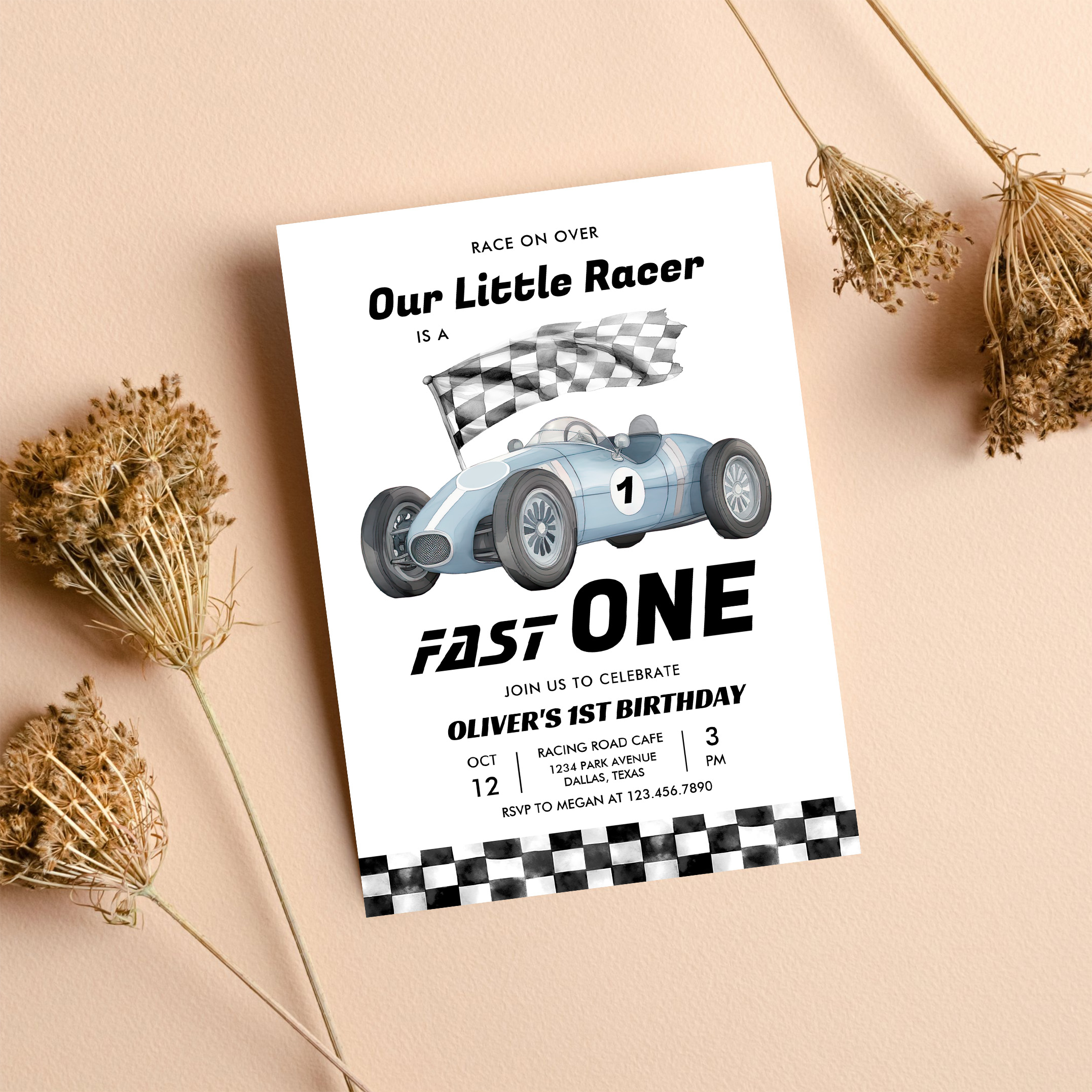 Fast One Race Car 1st Birthday Racing Boy Invitation - Image 8