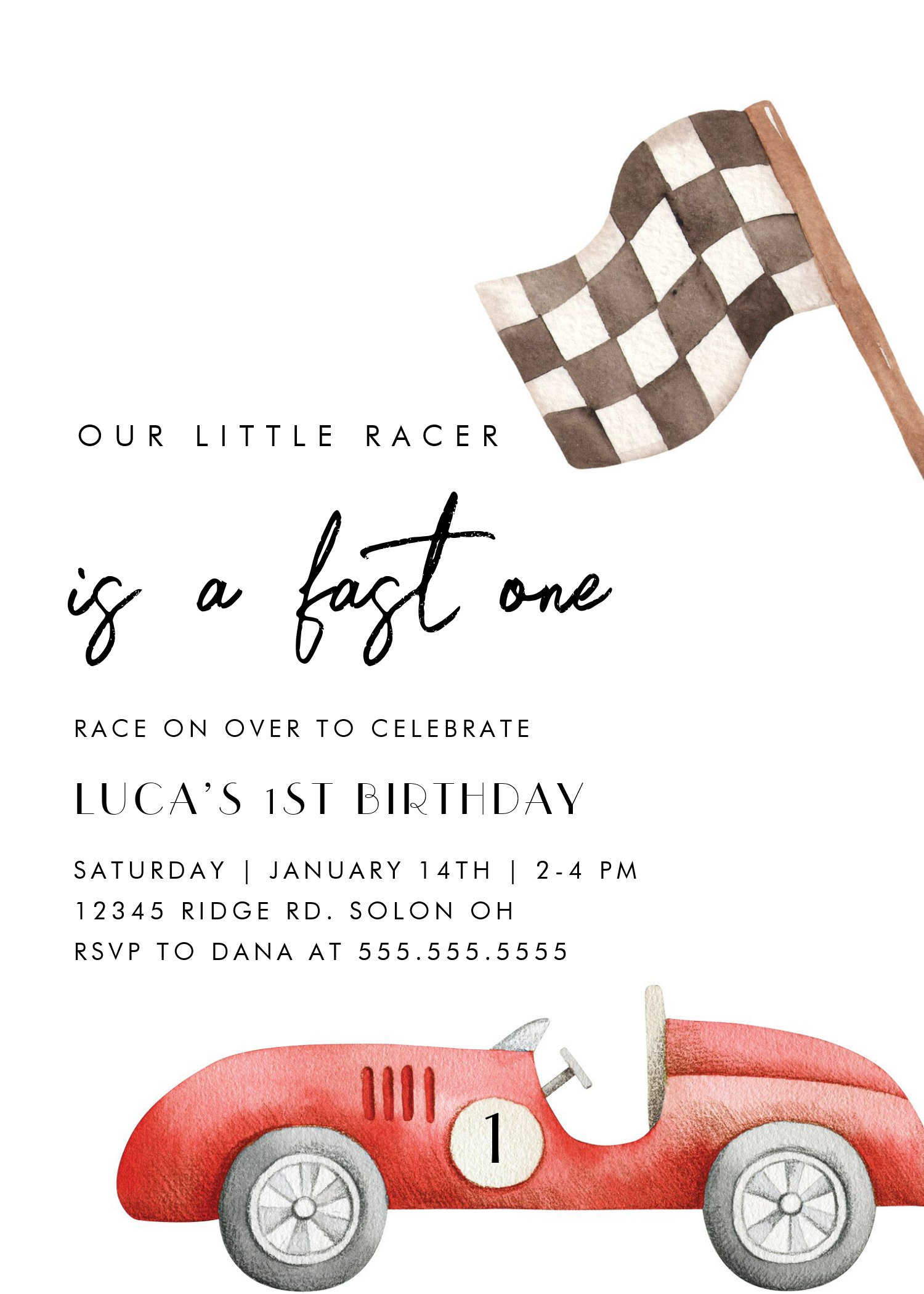 Fast One Race Car First 1st Birthday Invitation