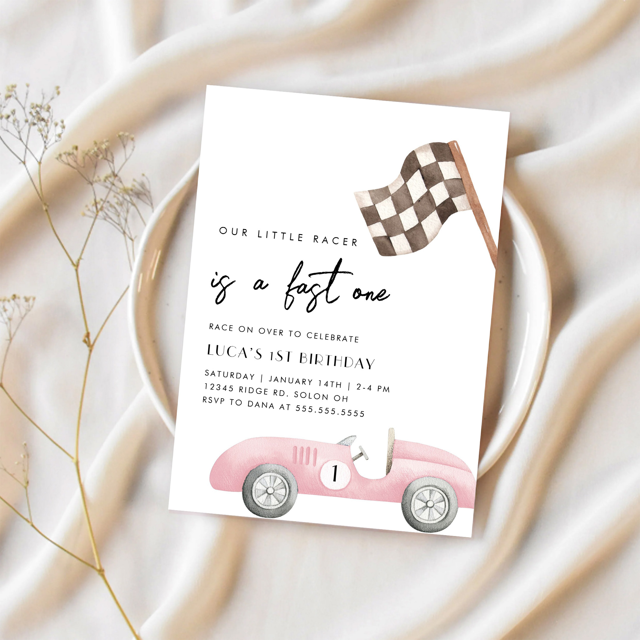 Fast One Race Car First 1st Birthday Invitation - Image 2
