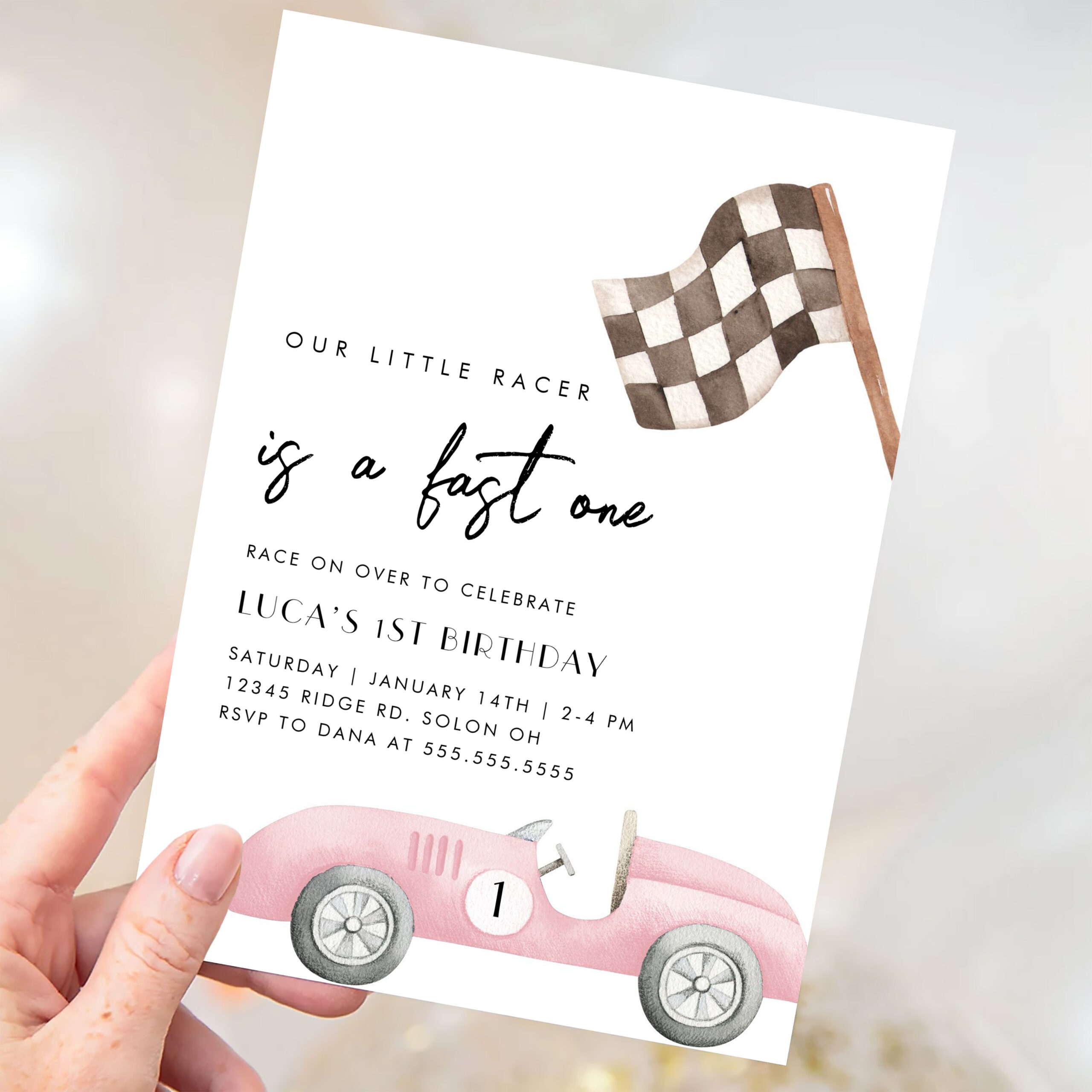 Fast One Race Car First 1st Birthday Invitation - Image 3