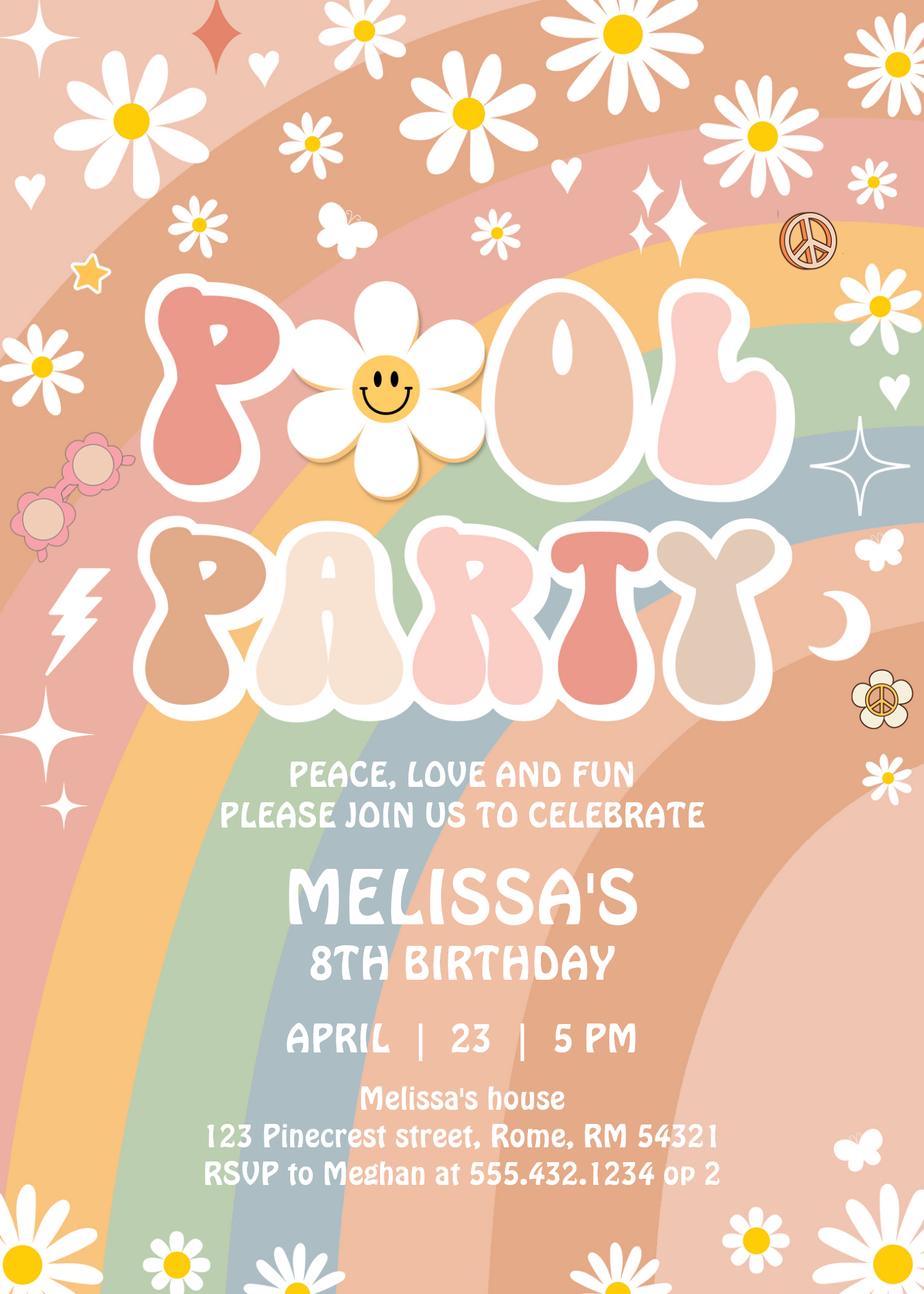 Groovy Pool Party Rainbow Hippie Retro 70S Invitation