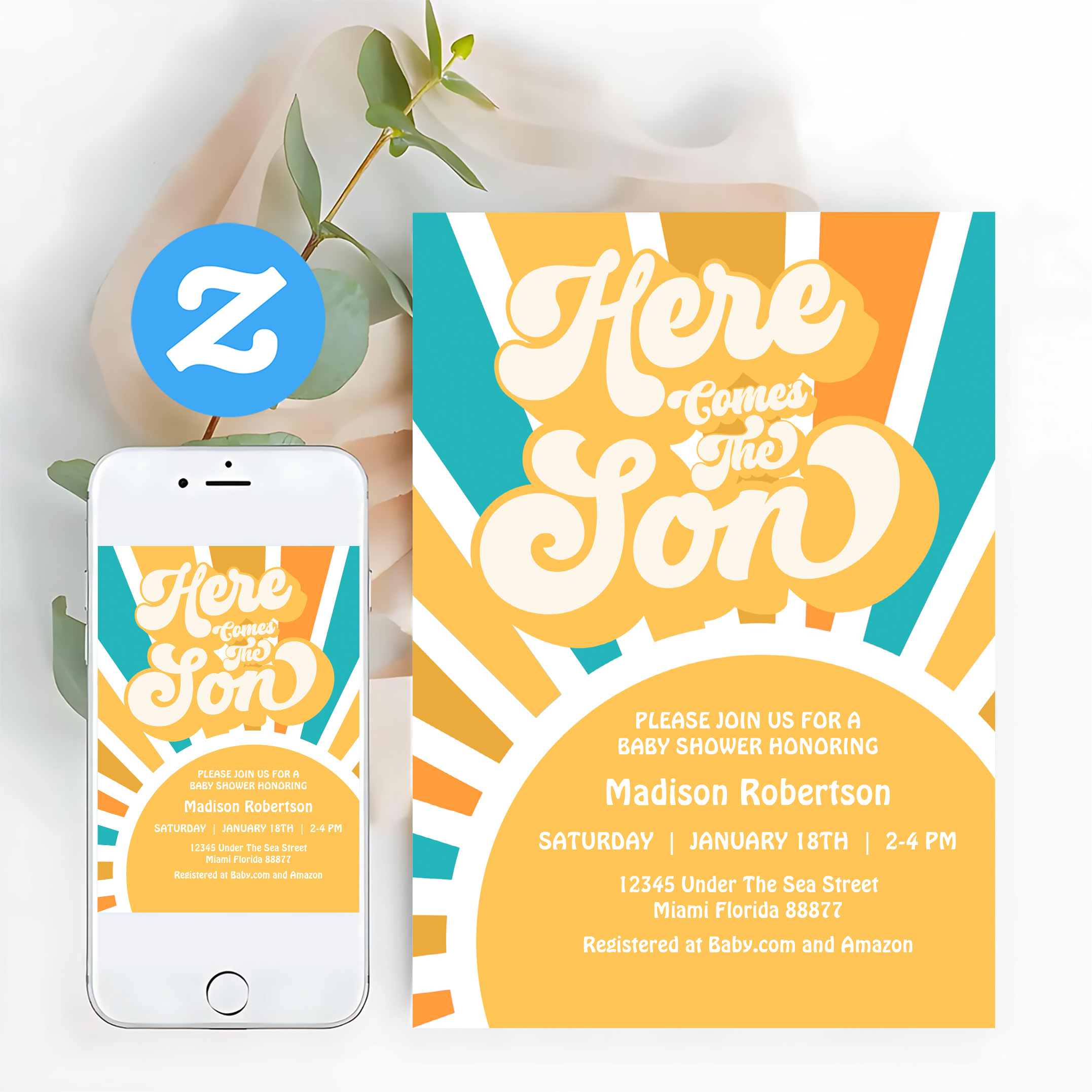 Here Come The Son Retro Sunshine Baby Shower Invitation - Image 12