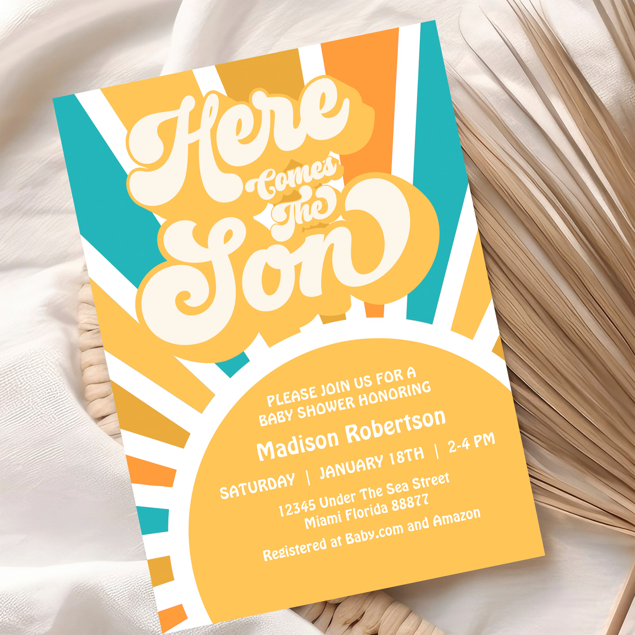 Here Come The Son Retro Sunshine Baby Shower Invitation - Image 10