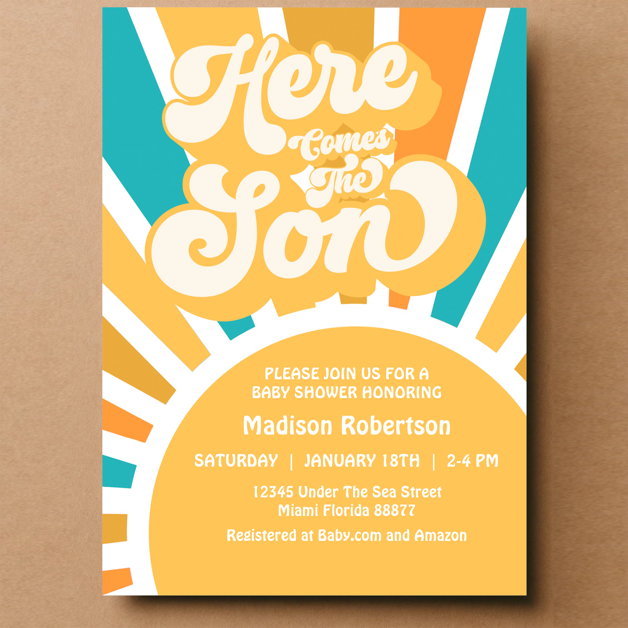 Here Come The Son Retro Sunshine Baby Shower Invitation - Image 14